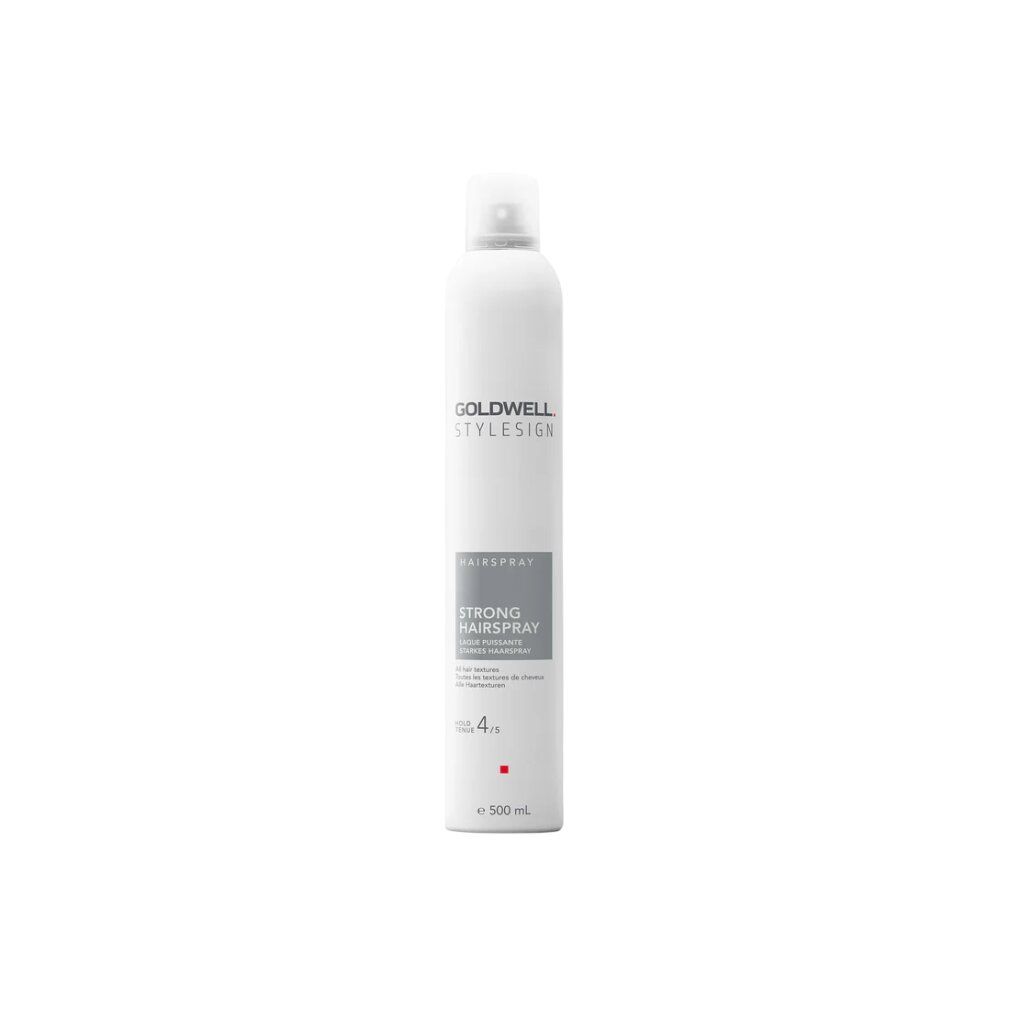 Haarspray-Dose, weiß, mit Aufschrift 'Goldwell stylesign'. Graues Feld mit 'Strong Hairspray'. 500 ml.