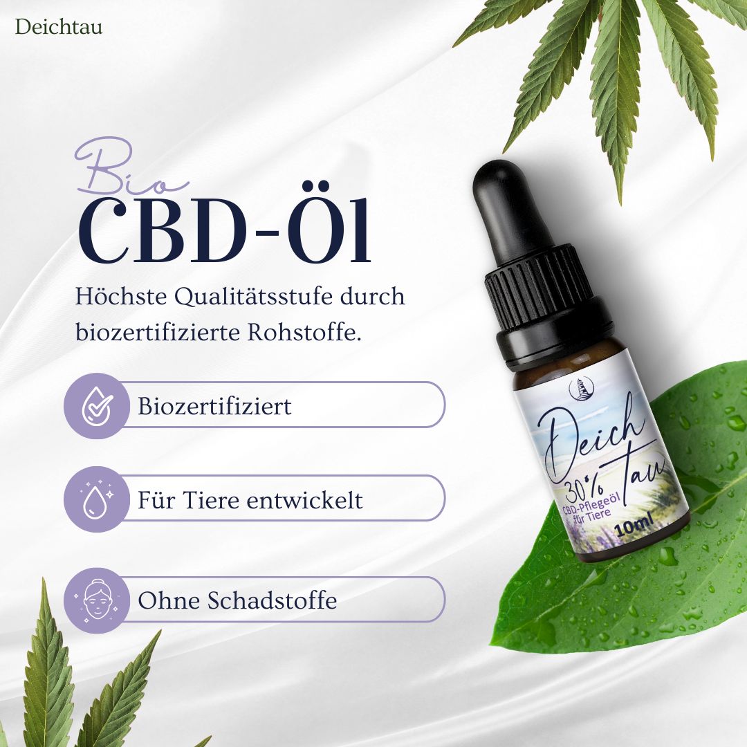 Deichtau Bio CBD Öl 30% für Tiere: Biozertifiziert, für Tiere entwickelt, ohne Schadstoffe.