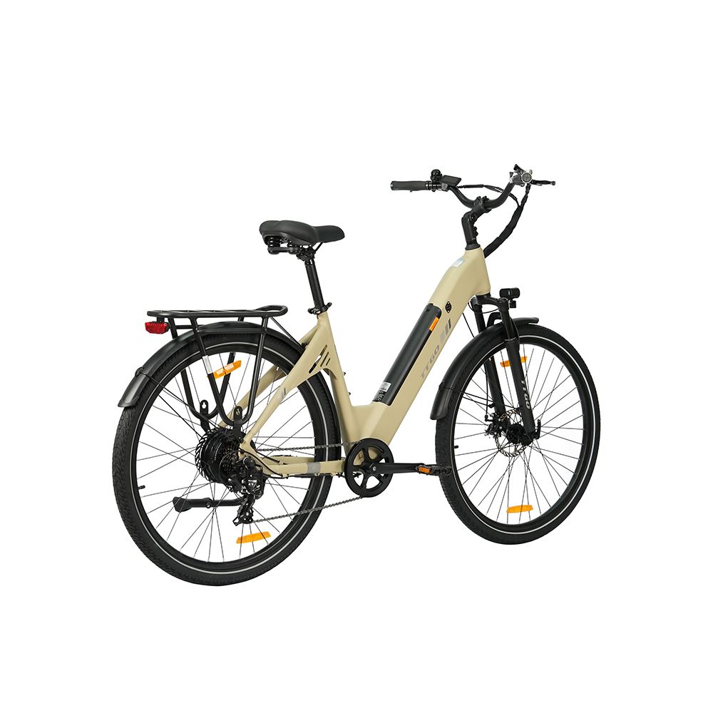 Beige Elektrofahrrad mit schwarzen Reifen, Gepäckträger und Schutzblechen. Schwarzer Sattel und Lenker. Beleuchtung.