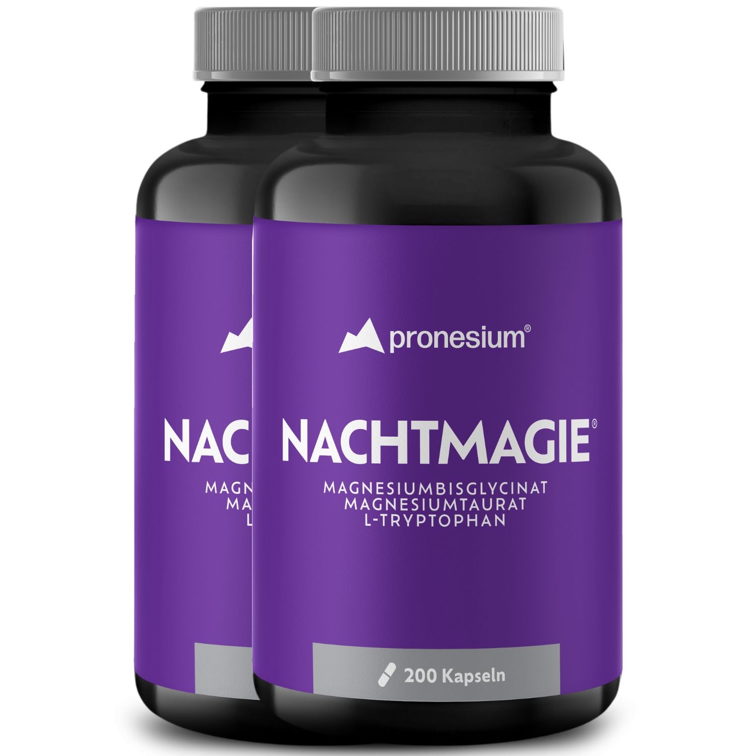 Zwei Flaschen mit lila Etikett. Aufschrift: NACHTMAGIE, Magnesiumbisglycinat, Magnesiumtaurat, L-Tryptophan. 200 Kapseln.