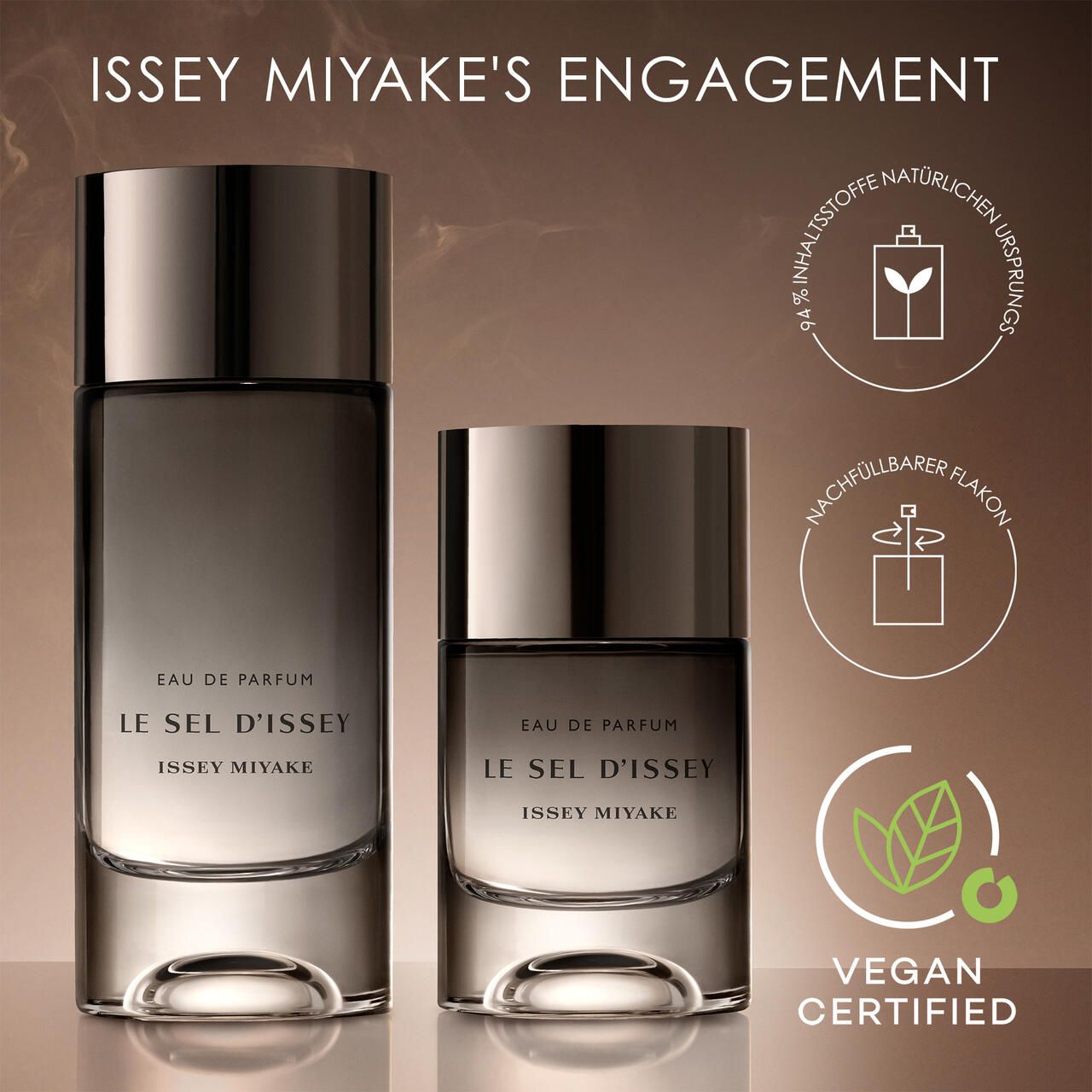 Zwei Flakons, einer kleiner. Aufschrift: Eau de Parfum, Le Sel d'Issey, Issey Miyake. Vegan-Zertifizierung.