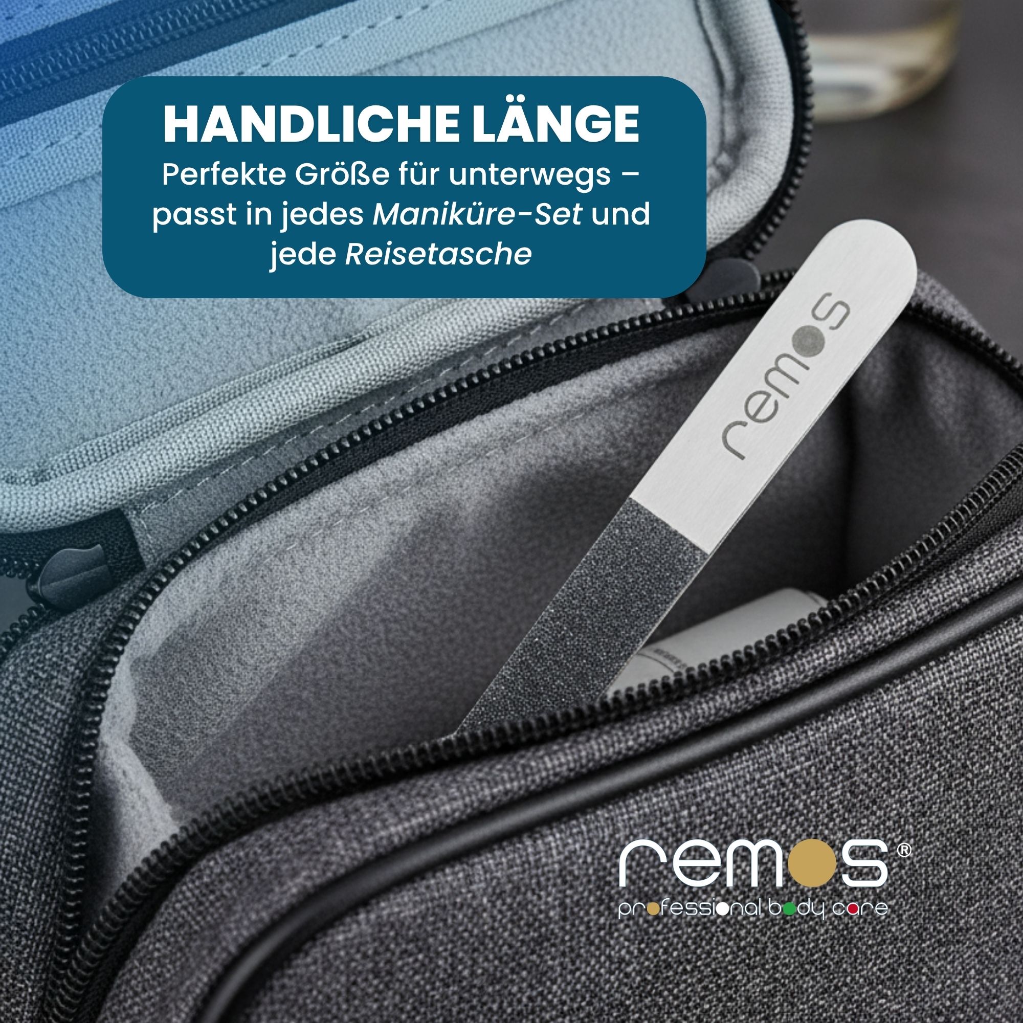 Edelstahl-Nagelfeile mit Diamant-Keramik-Beschichtung in einer Kulturtasche.