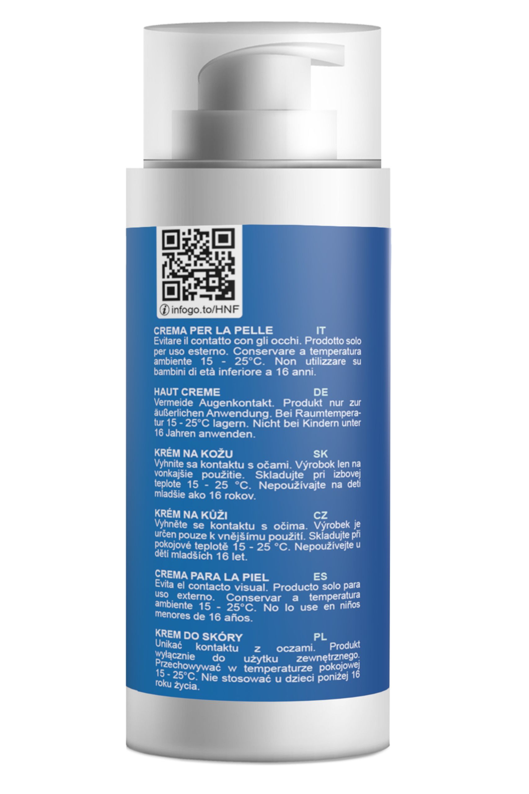 Weiße Flasche mit Pumpspender und blauer Banderole mit Text.