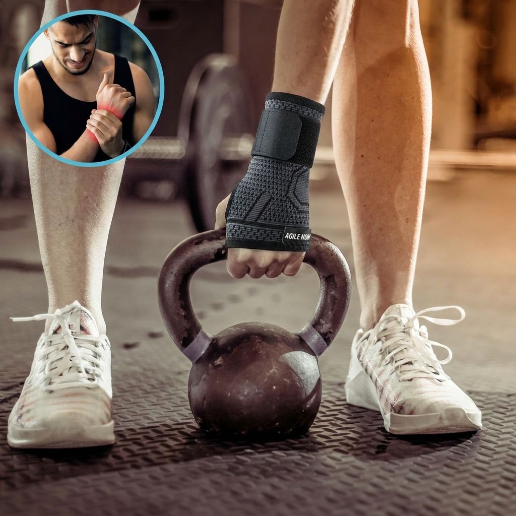 Mann im Fitnessstudio mit Handgelenkbandage. Schwarze Bandage. Sportliche Aktivität.