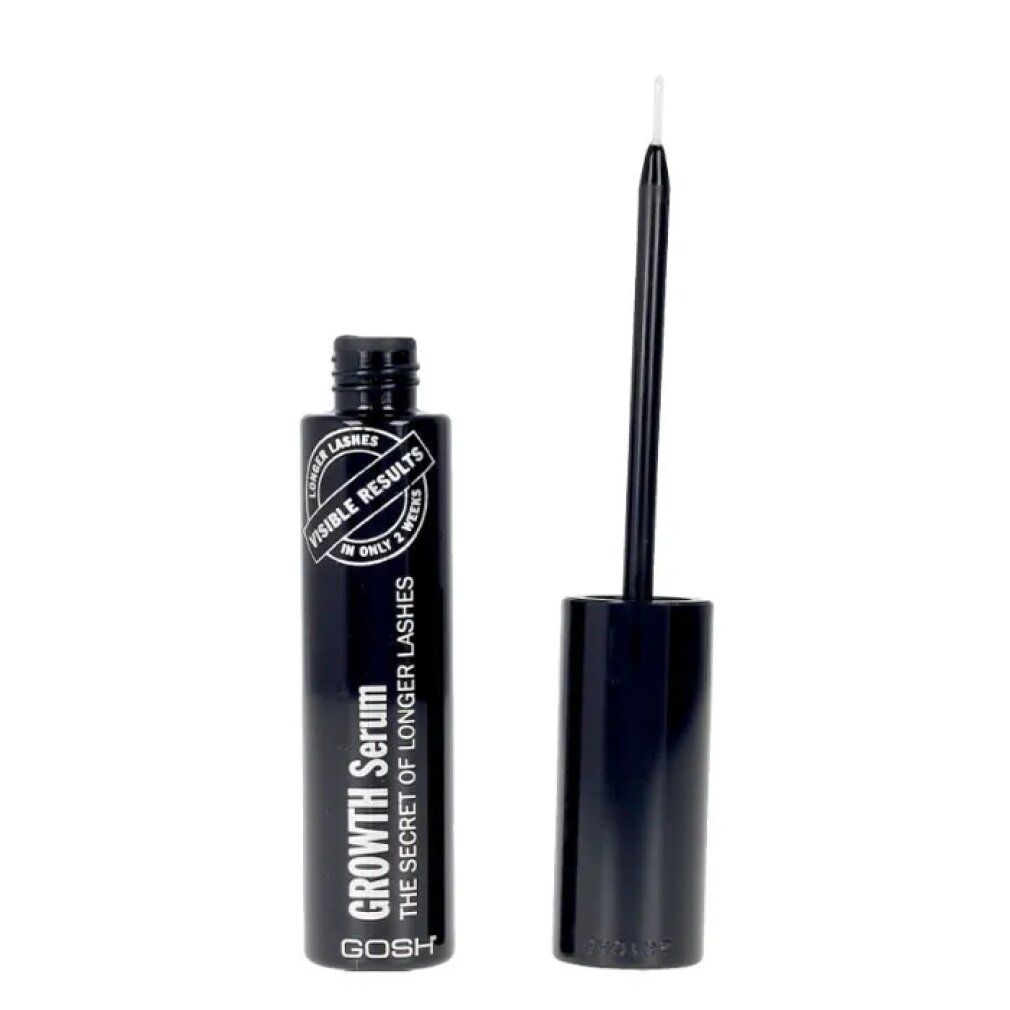 Schwarze Flasche mit Applikator. Aufschrift: Growth Serum, The Secret of Longer Lashes. Marke: GOSH. Sichtbare Ergebnisse in 2 Wochen.