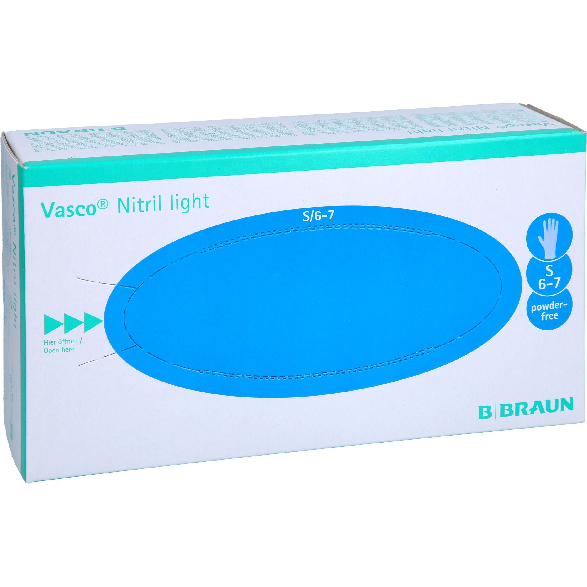 Karton B. Braun Vasco® Nitril light Untersuchungshandschuhe. Blaues Oval, Größe S/6-7, puderfrei. Marke und Produktname.