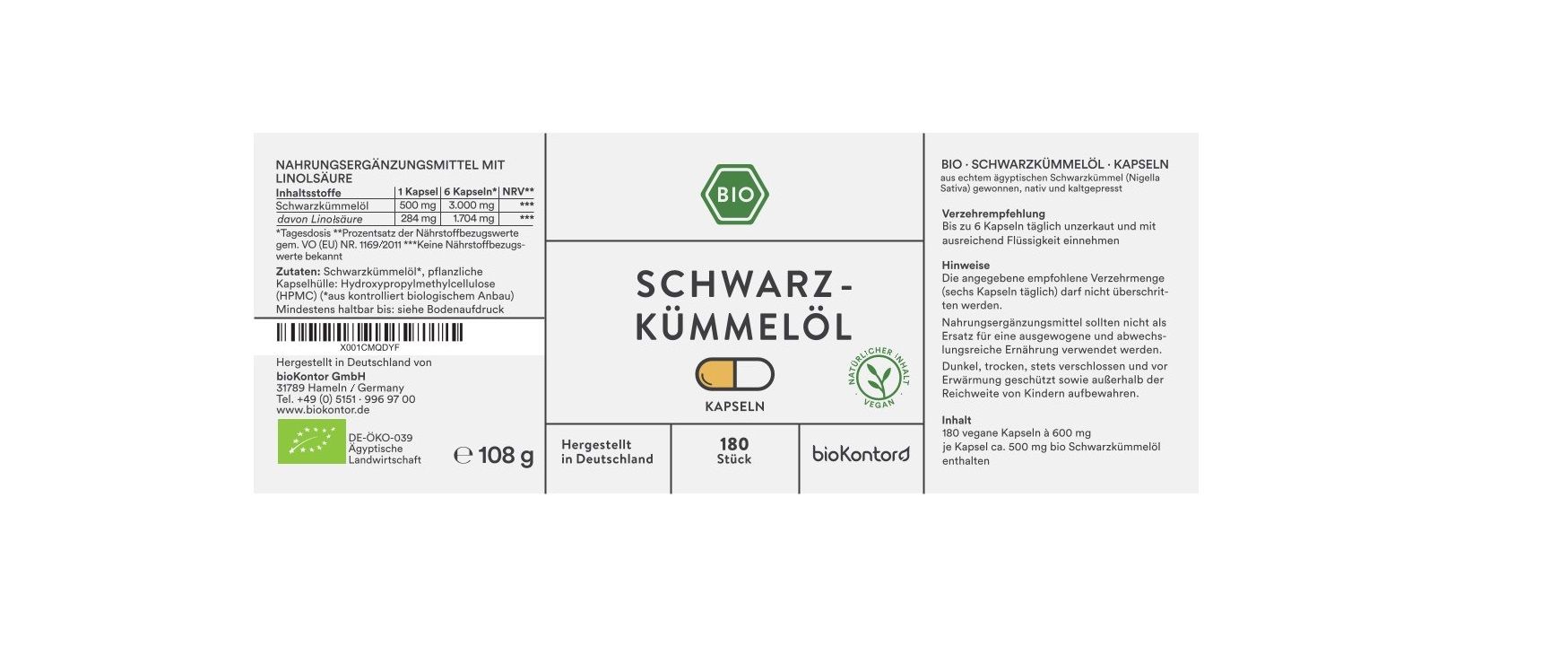 Weißes Etikett mit Produktinformationen. Aufschrift: SCHWARZ-KÜMMELÖL KAPSELN. 180 Stück. BIO-Siegel. Marke: biokontor. Vegan-Logo.