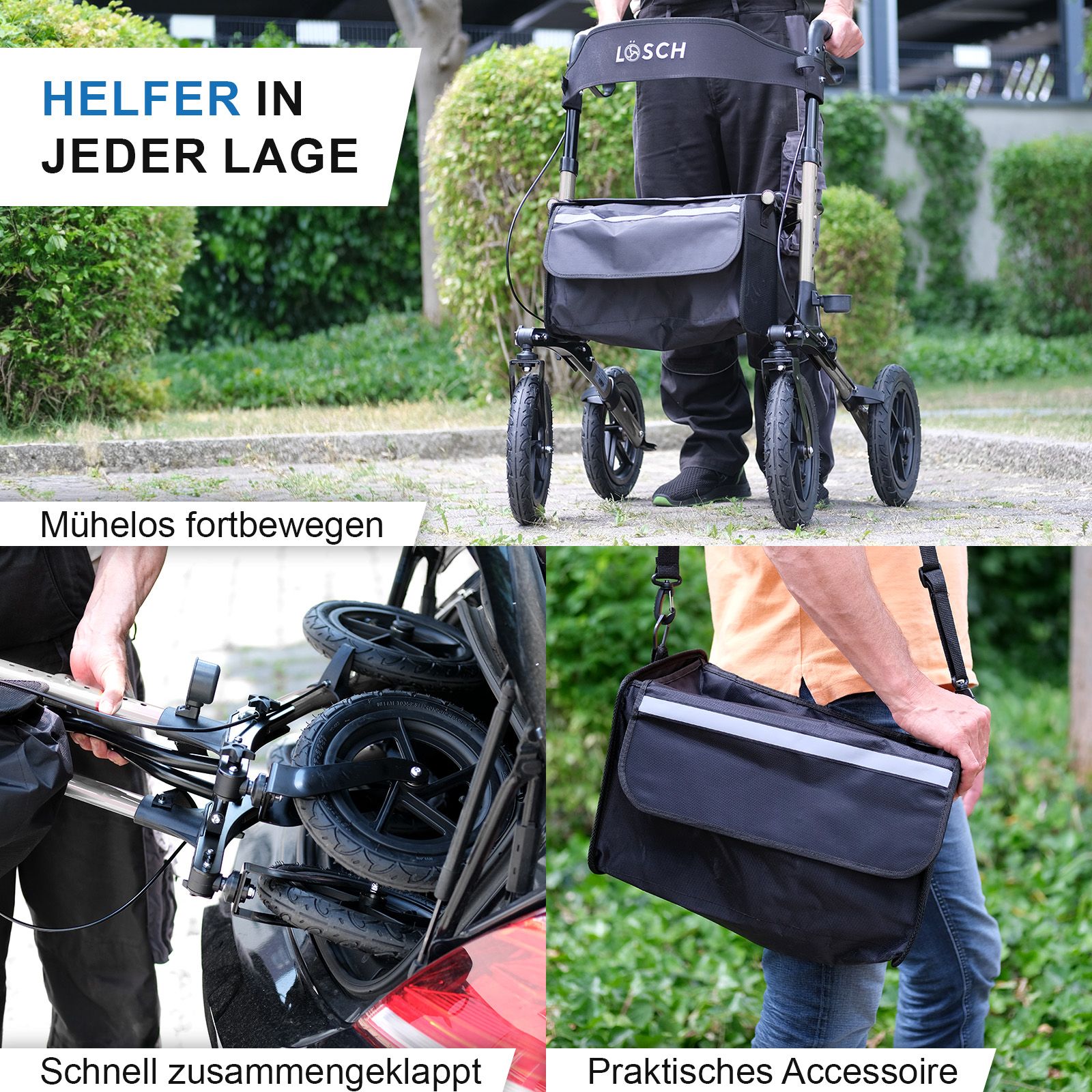 Rollator mit vier Rädern, zusammengeklappt und mit Tasche. Schwarze Tasche mit Reflektorstreifen. Marke: Lösch.