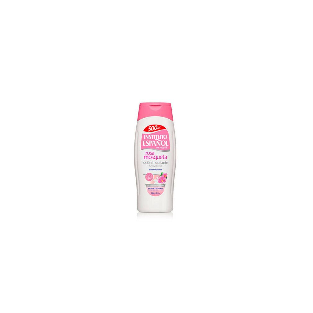 Weiße Flasche mit rosa Verschluss, Instituto Español Rosa Mosqueta Körperlotion, 500ml.