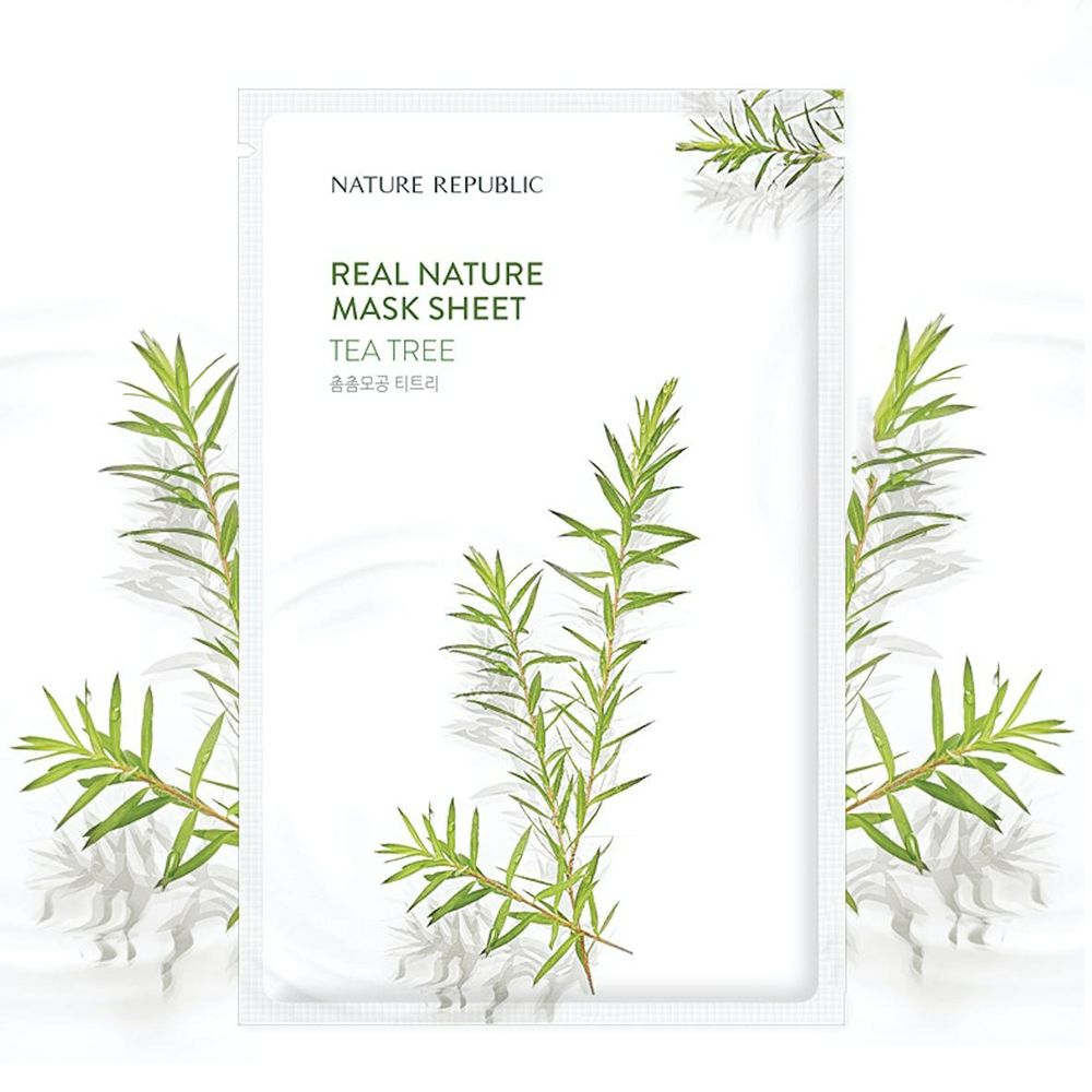 Verpackung der NATURE REPUBLIC Real Nature Tea Tree Sheet Mask. Weißes Sachet mit grünen Teebaum-Illustrationen und Produktbezeichnung.
