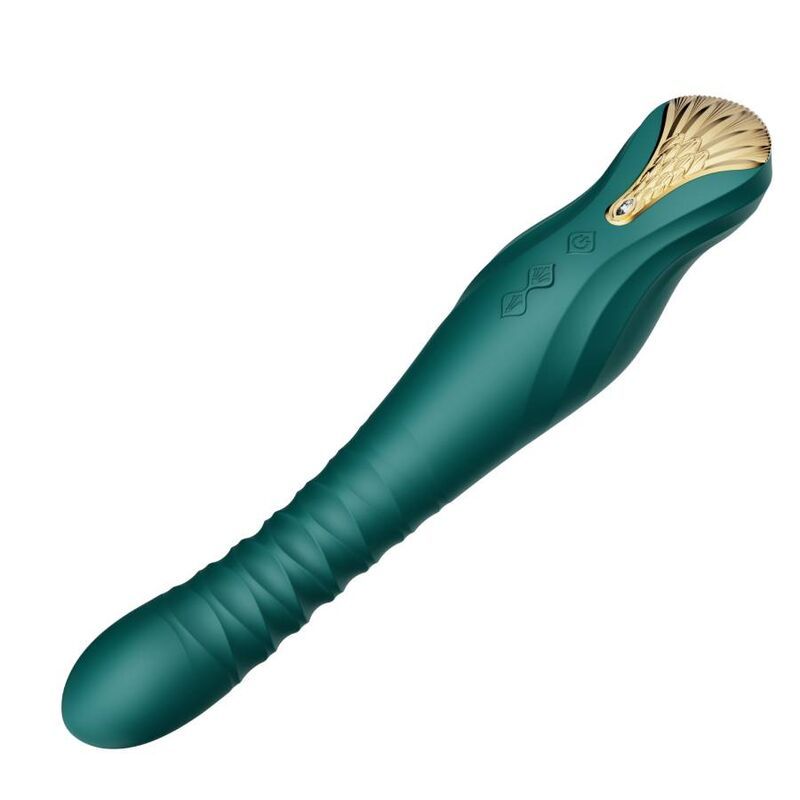Türkisfarbener Vibrator. Geformter Schaft mit Bedienknöpfen. Goldfarbenes Detail am oberen Ende.