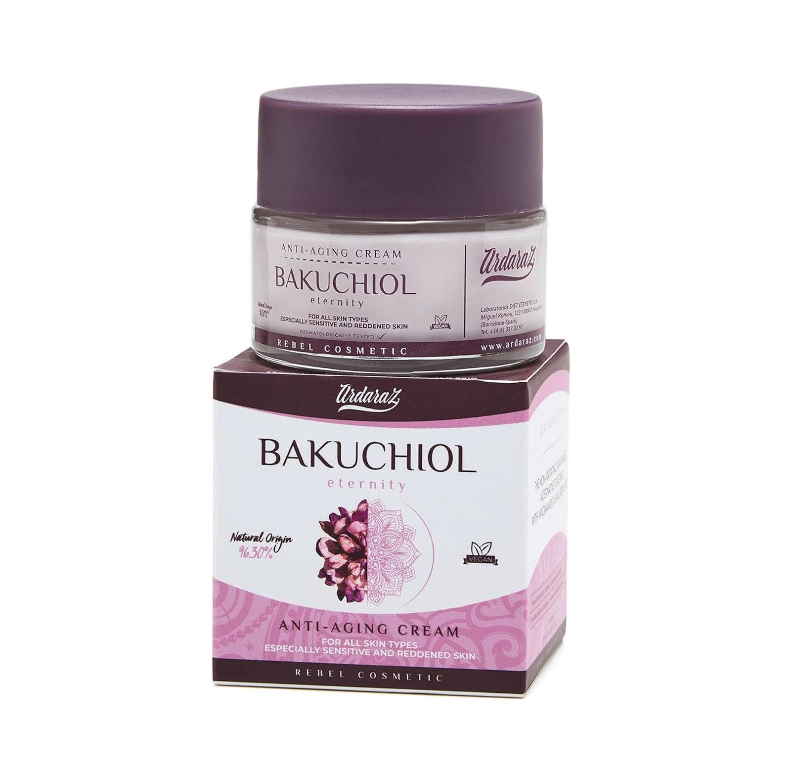 Creme-Glas mit Deckel auf Karton. Aufschrift: Bakuchiol eternity, Anti-Aging Cream. Marke: Ardaraz.