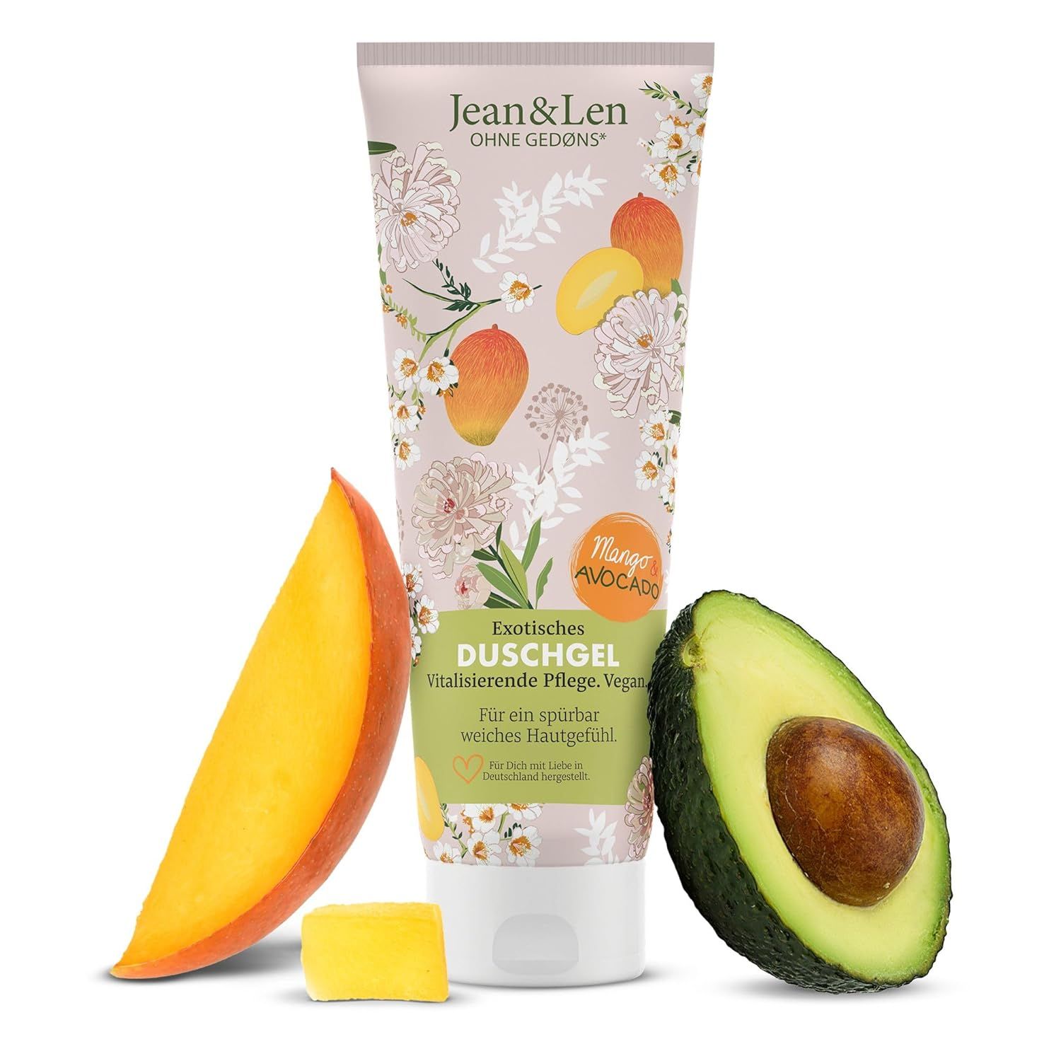 Duschgel-Tube mit Mango und Avocado. Mango- und Avocado-Hälften. Text: Exotisches Duschgel. Vitalisierende Pflege, Vegan.