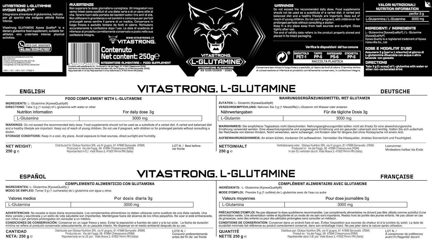 Produktetikett mit Informationen zu Vitastrong L-Glutamin in Englisch, Deutsch, Spanisch und Französisch.