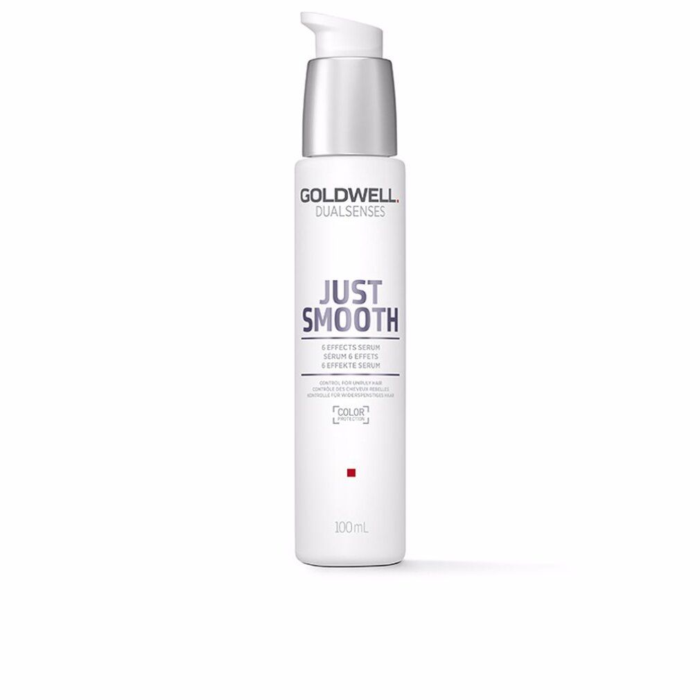 Weißer Flakon mit silbernem Pumpkopf. Aufschrift: Goldwell Dualsenses Just Smooth. Produktname und Logo.