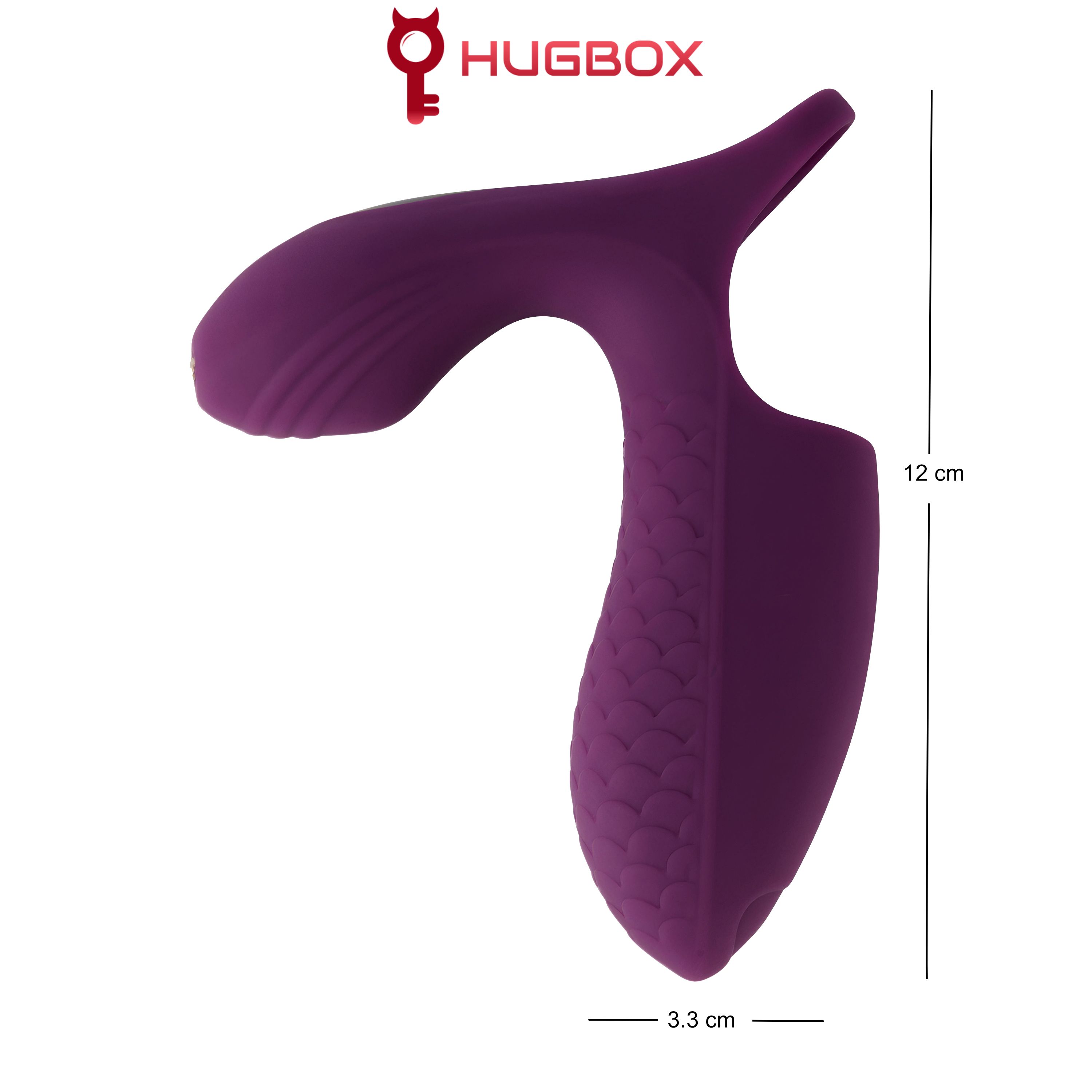 Lila Produkt mit strukturierter Oberfläche. Abmessungen: 12 cm hoch, 3,3 cm breit. Logo: HUGBOX.