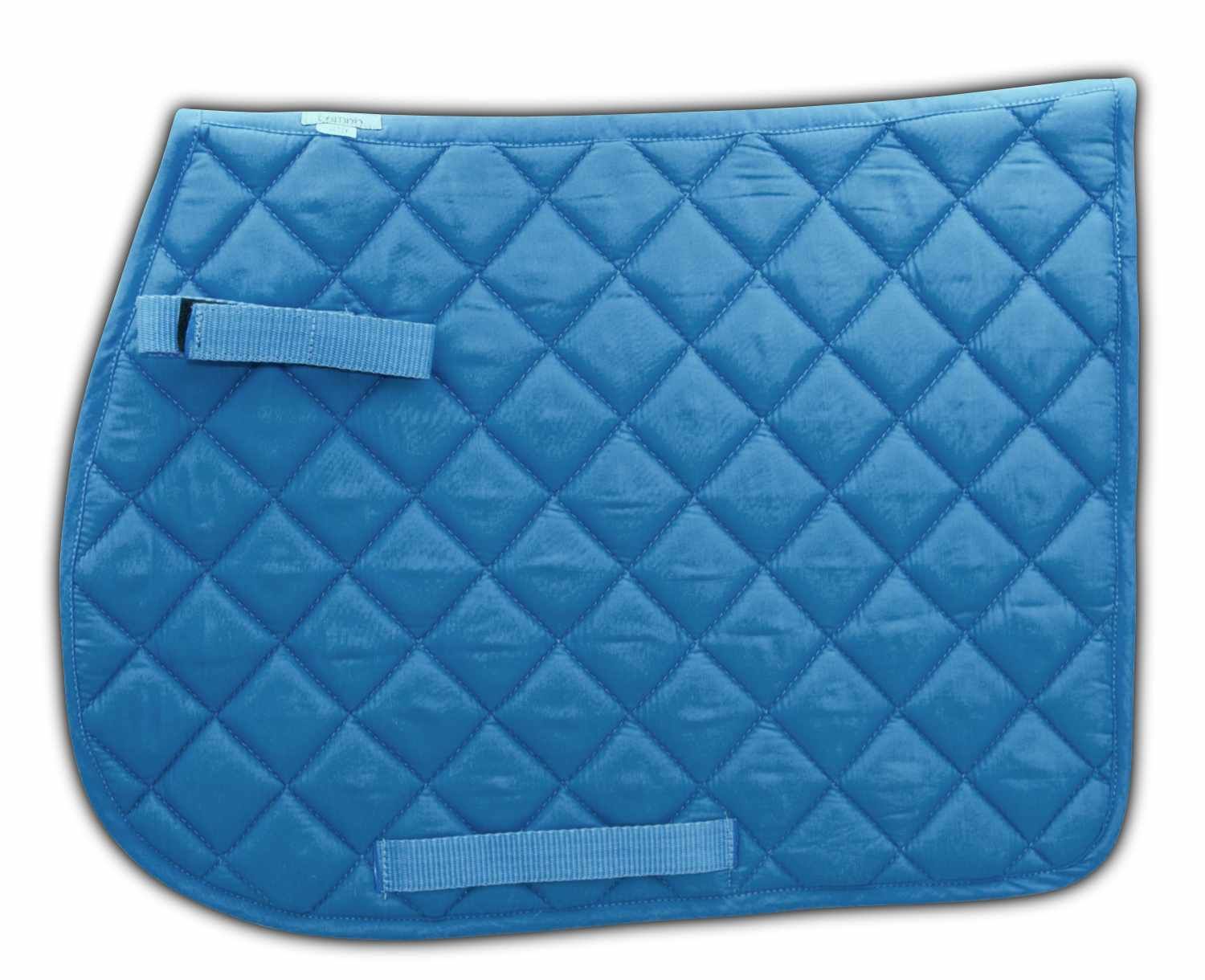 Hellblaue Schabracke mit quadratischem Steppmuster und Schlaufen. Baumwolle. Für Pferde. Mit Klettverschluss.