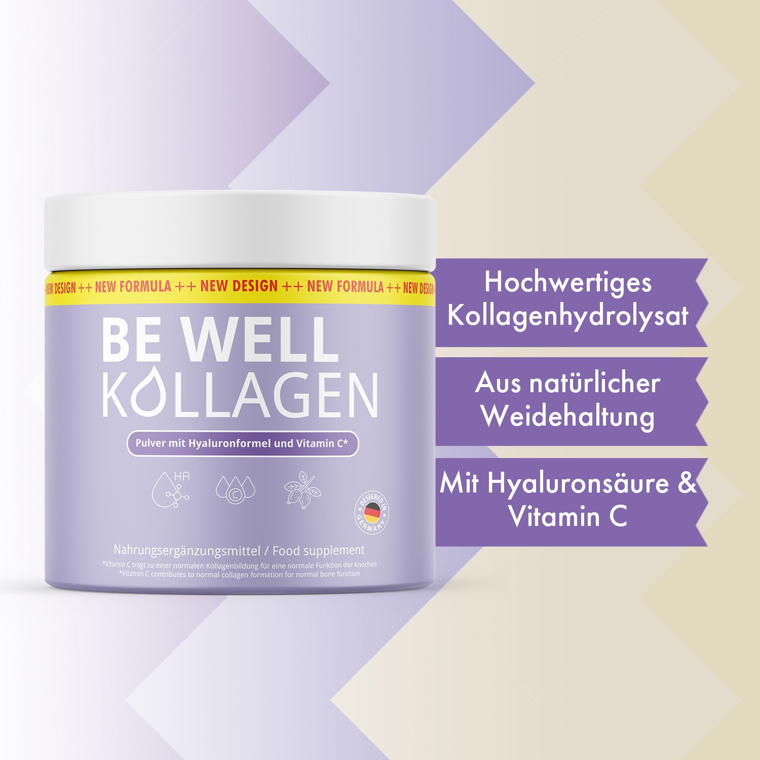 Lila Dose mit weißem Deckel. Aufschrift: BE WELL KOLLAGEN. Enthält Hyaluronsäure und Vitamin C. Text auf Banner.