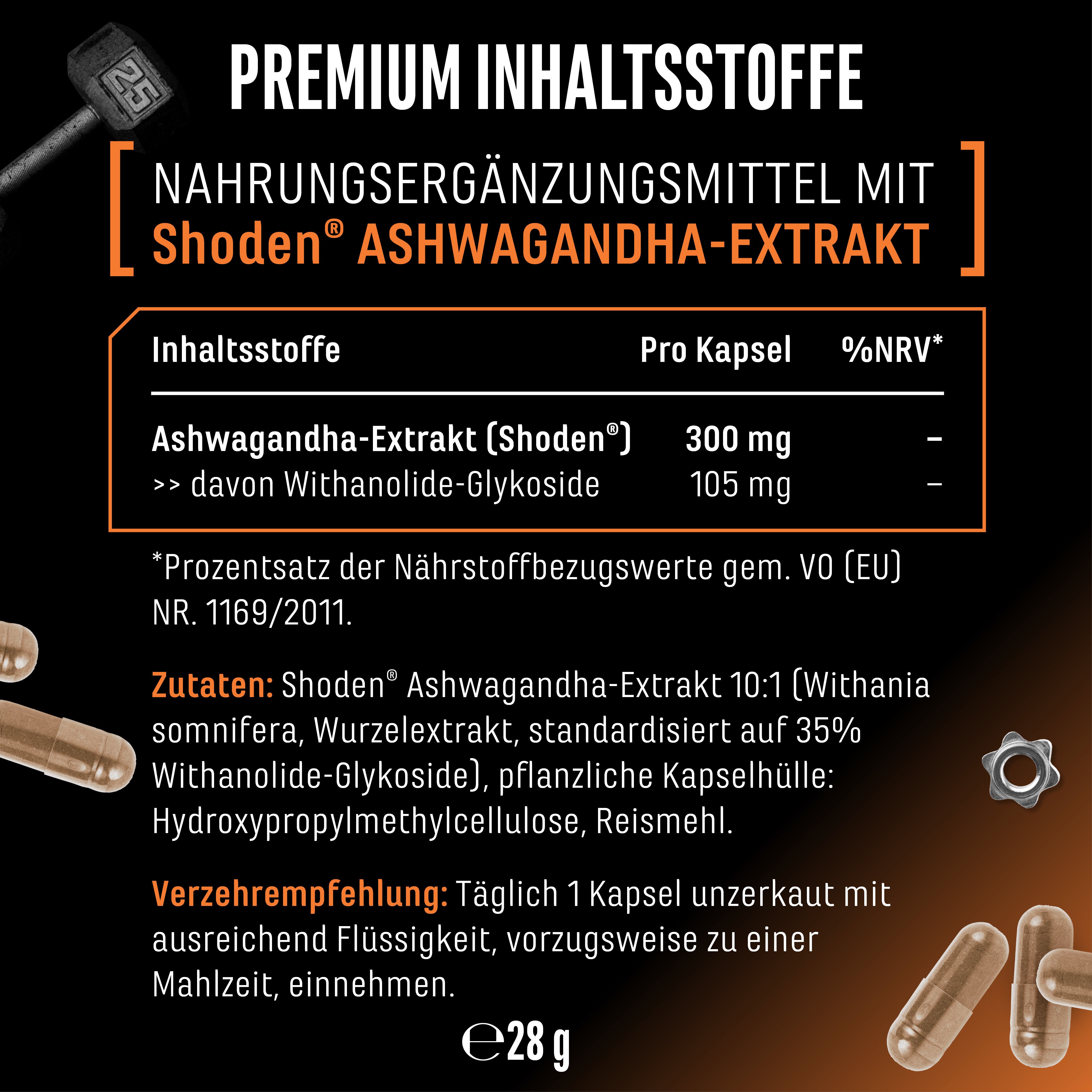Nahrungsergänzungsmittel mit Shoden Ashwagandha-Extrakt. Enthält 300 mg Extrakt pro Kapsel, davon 105 mg Withanolide-Glykoside. 28g.