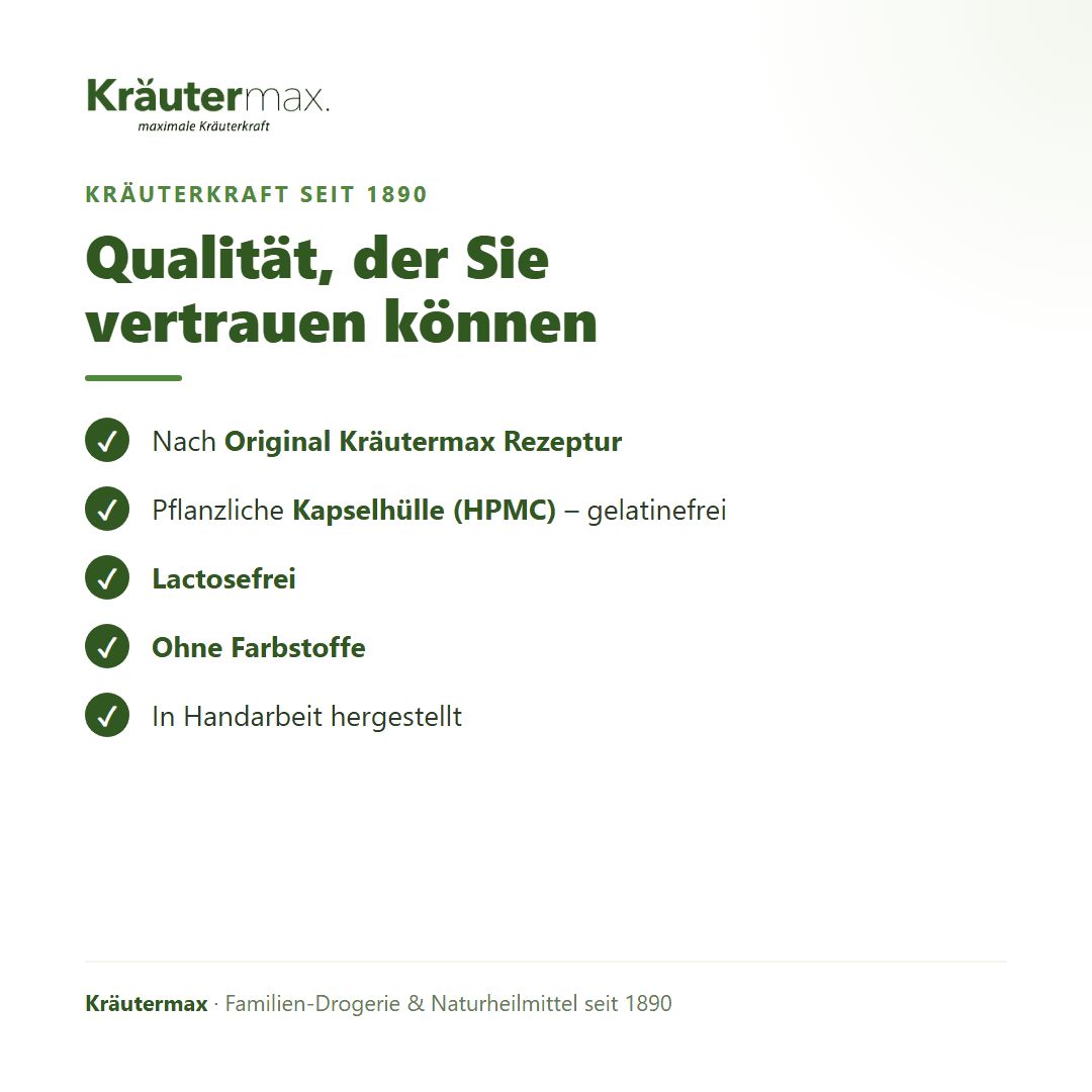 Braune Glasflasche mit silbernem Deckel, gefüllt mit Kräutermax Haare plus Kapseln. Grüne Anhänger mit 'Premium Qualität'-Siegel.