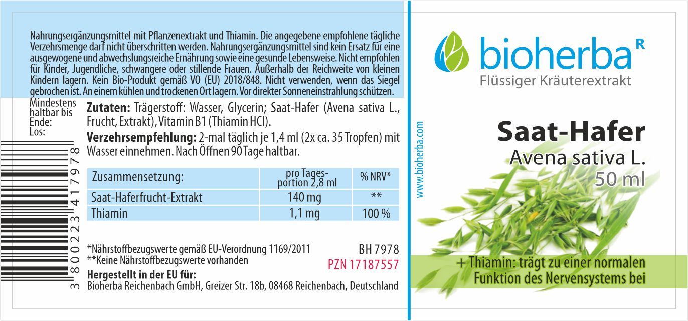 Etikett mit Produktinformationen. "Bioherba" Logo. "Saat-Hafer Avena sativa L." und Inhaltsstoffe. Text in deutscher Sprache.