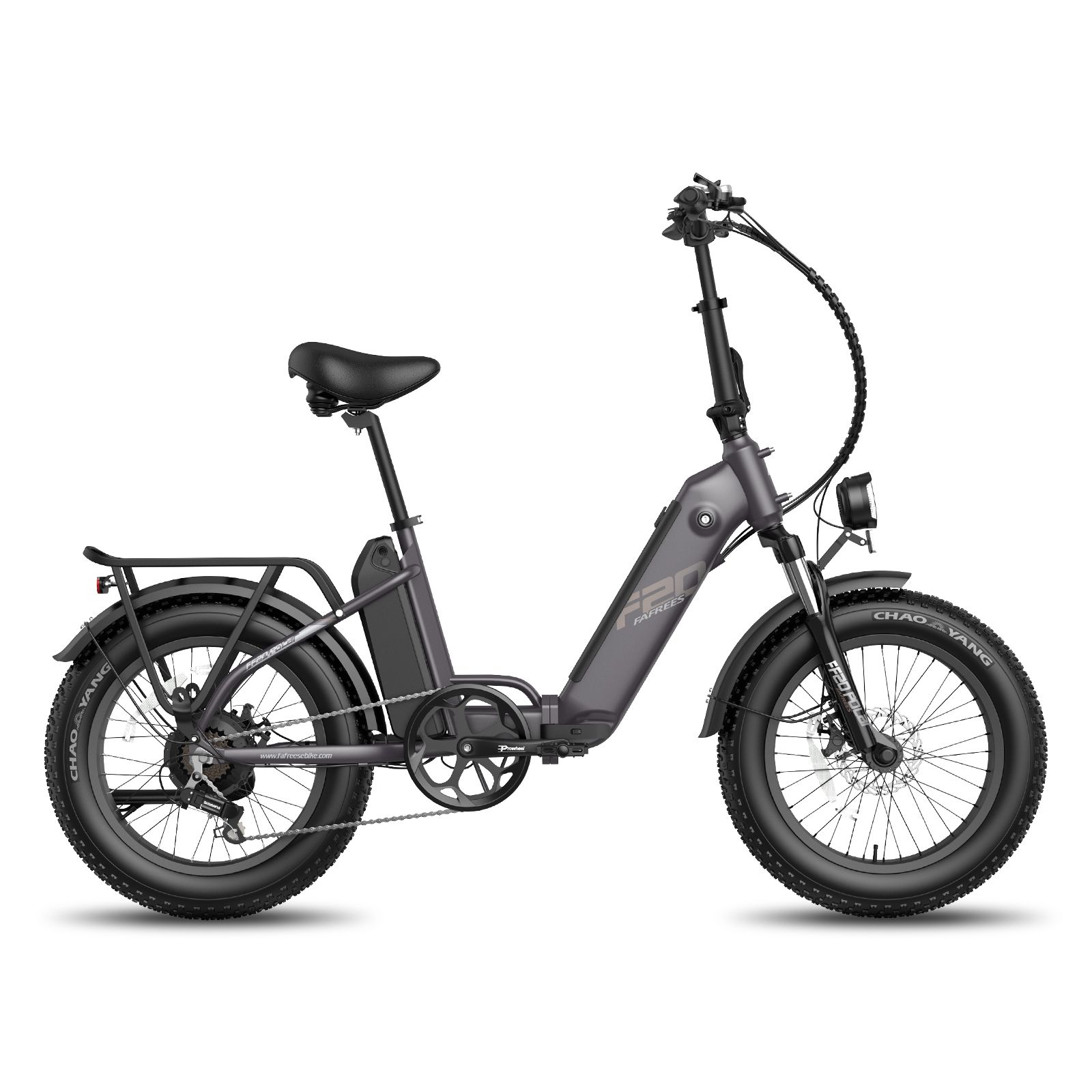 Graues Klapp-E-Bike mit breiten Reifen, Gepäckträger und Scheinwerfer. Akku am Rahmen.