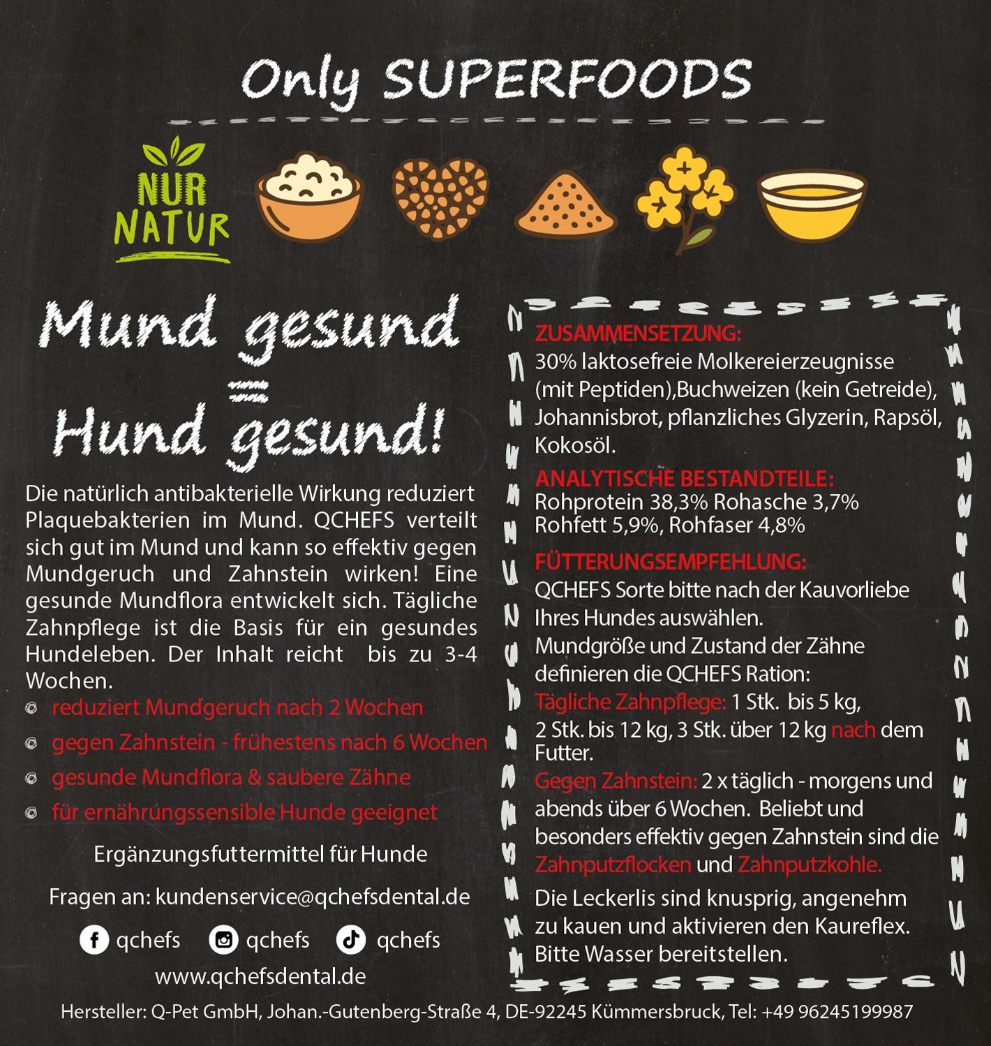 Infografik mit Text und Illustrationen. Enthält Informationen zu QCHEFS, Inhaltsstoffen und Fütterungsempfehlungen.