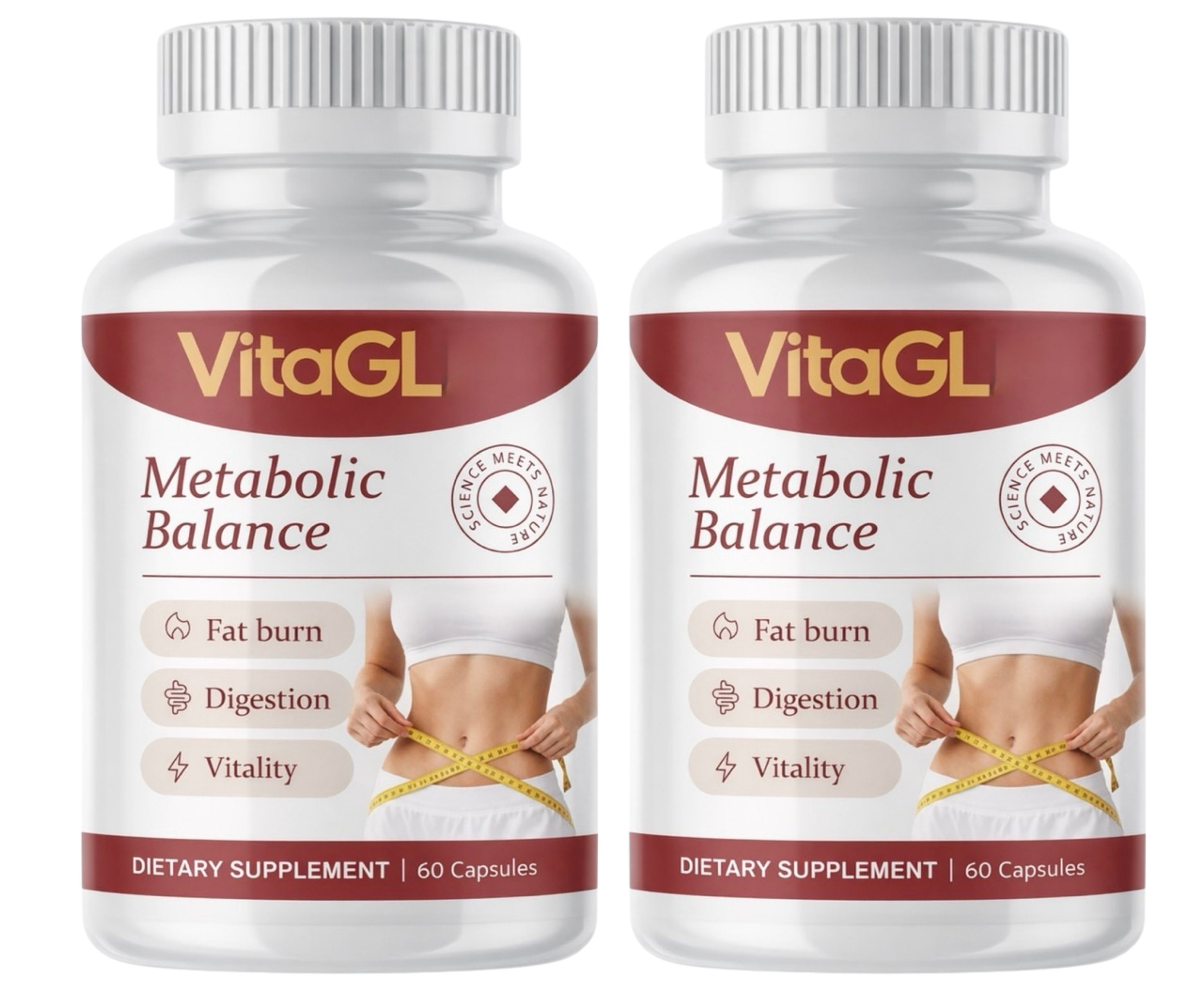 Zwei Flaschen VitaGL Metabolic Balance, Diätetisches Ergänzungsmittel, 60 Kapseln pro Flasche.