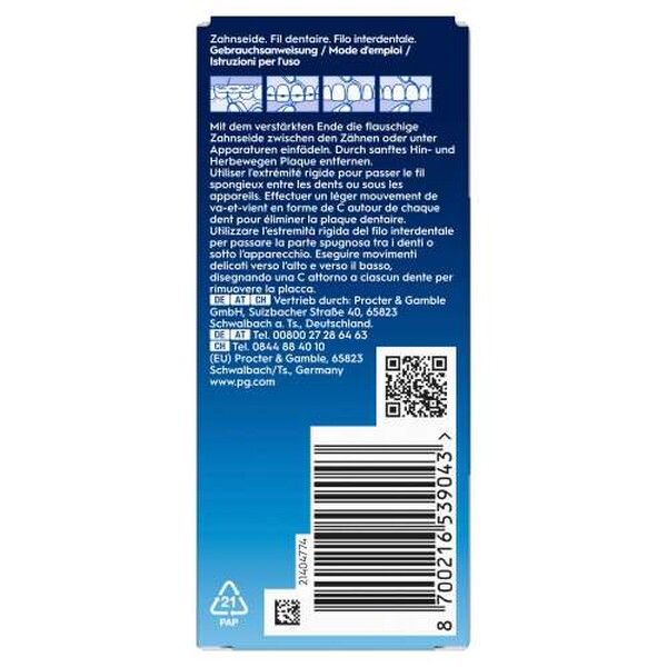 Oral-B Superfloss Threader Packung mit 50 Zahnseidenfäden. Vorderseite mit Produktmerkmalen und Logo.