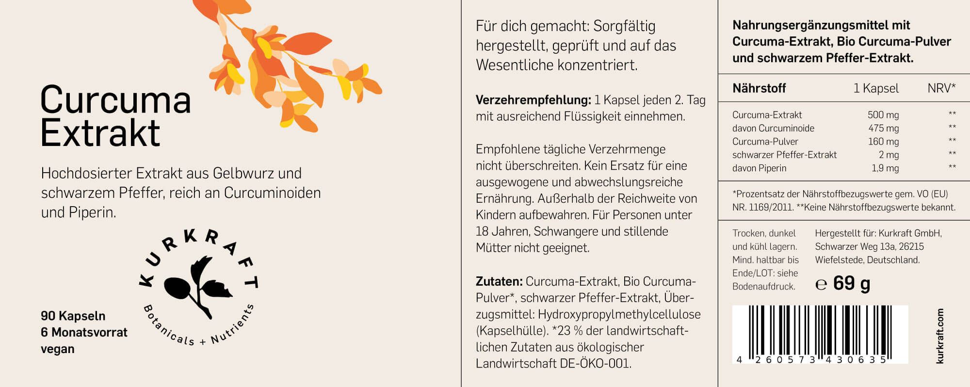 Etikett mit Produktinformationen: Name, Inhaltsstoffe, Nährwertangaben, Dosierung. Logo und Zertifizierung.