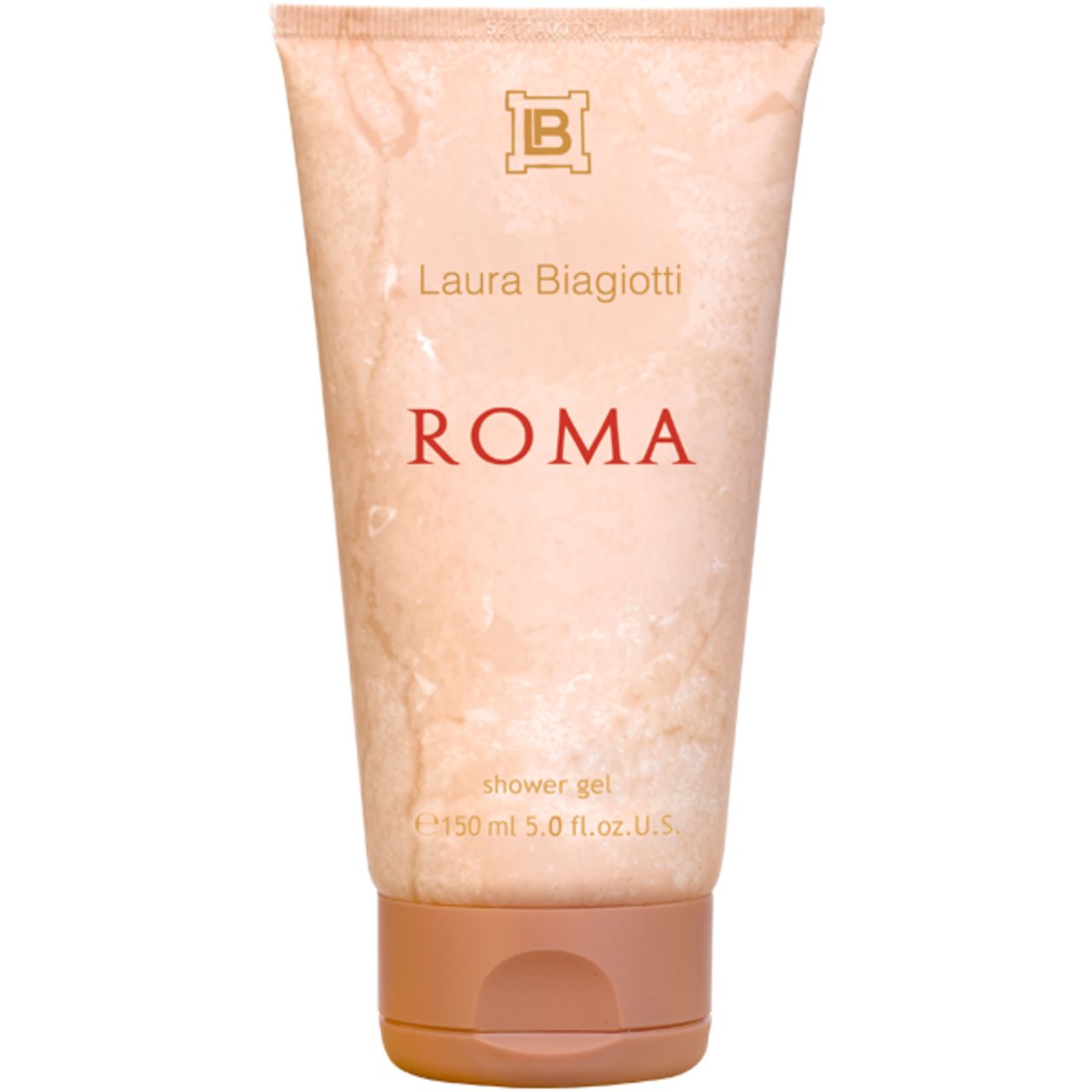 Beige Tube mit braunem Deckel. Aufschrift: Laura Biagiotti, ROMA, shower gel. Volumen: 150 ml.