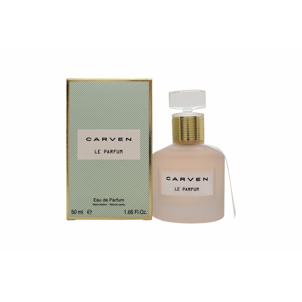 Parfümflasche und Verpackung. Flasche mit Schriftzug CARVEN LE PARFUM. Goldener Hals, transparenter Verschluss. Verpackung mit Logo.