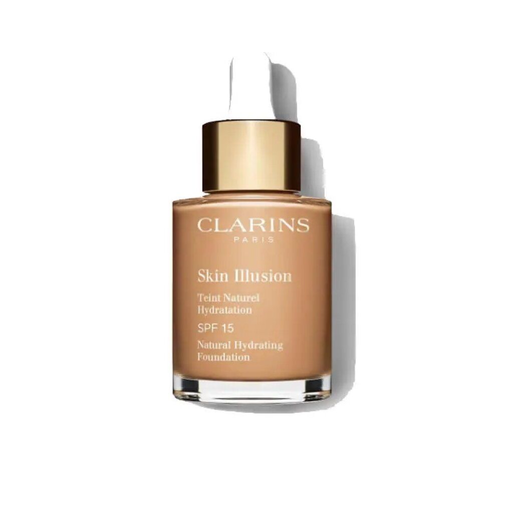 Flüssige Foundation in Glasflasche mit Pipette. Aufschrift: Clarins, Skin Illusion, Teint Naturel Hydratation, SPF 15, Natural Hydrating Foundation.