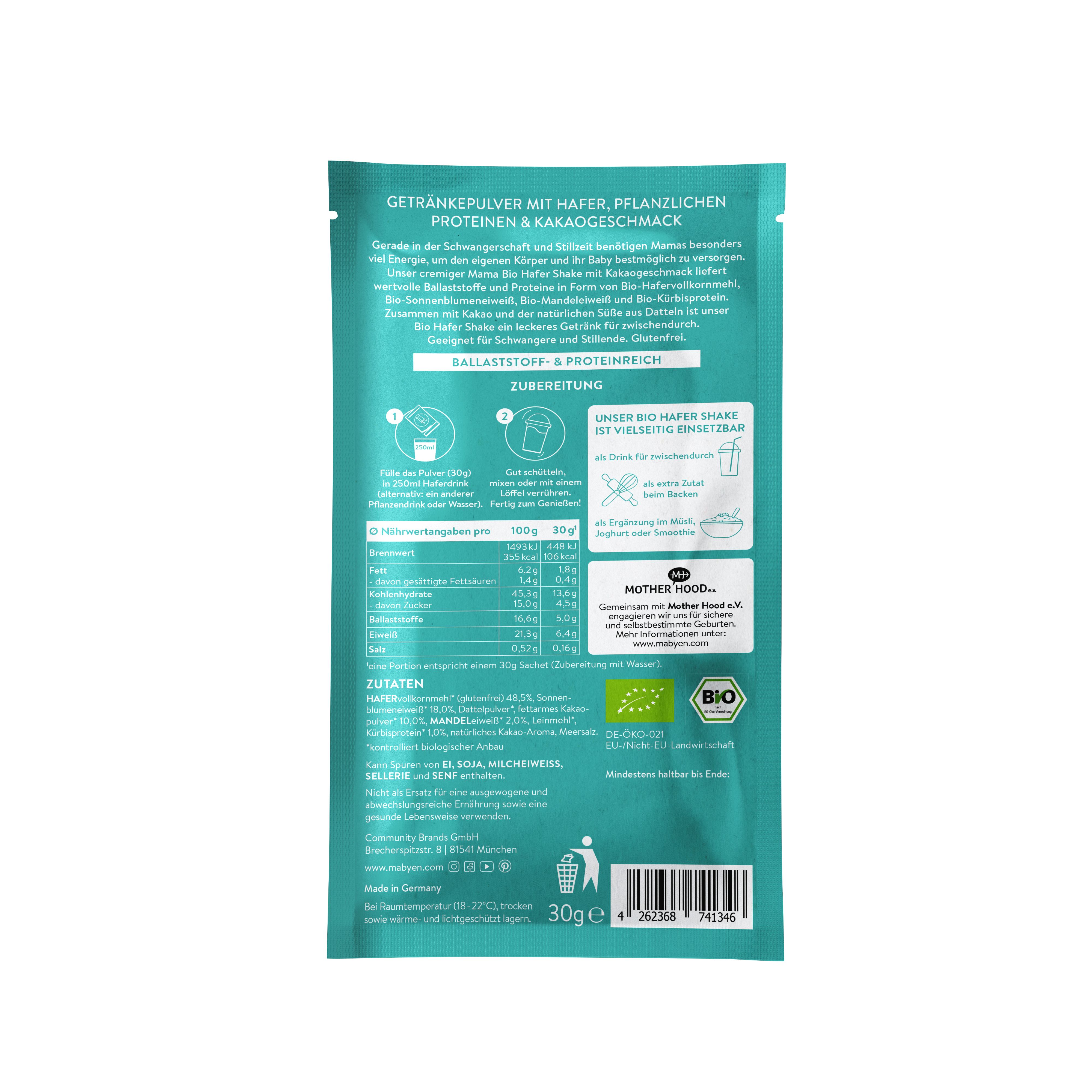 Rückseite der MABYEN Mama Bio Hafer Shake Kakao Packung. Text: Nährwertangaben, Zubereitung, Bio-Siegel, 30g.