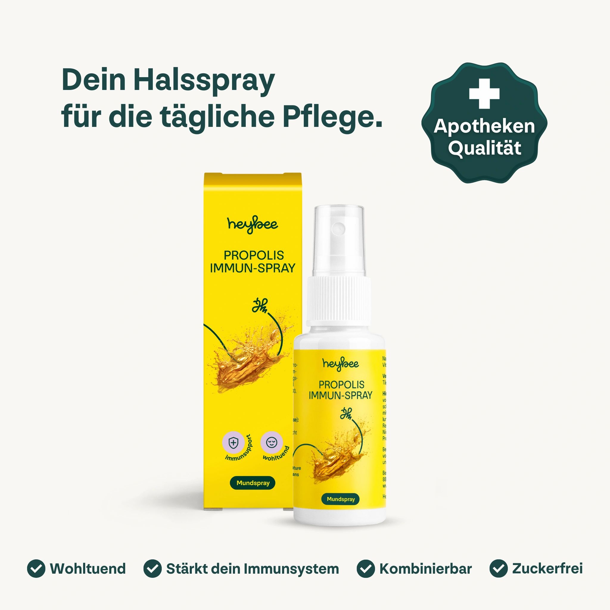 Gelbe Verpackung und Flasche. Aufschrift: Heybee Propolis Immun-Spray. Apotheken Qualität. Zusatz: Wohltuend, stärkt Immunsystem, kombinierbar, zuckerfrei.
