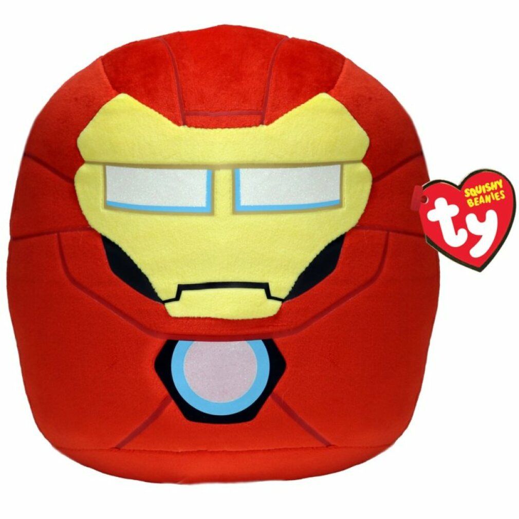 Roter, kissenförmiger Plüsch mit Iron Man-Gesicht. Gelbe Maske, weiße Augen, blaue Akzente. Rotes Ty-Etikett.