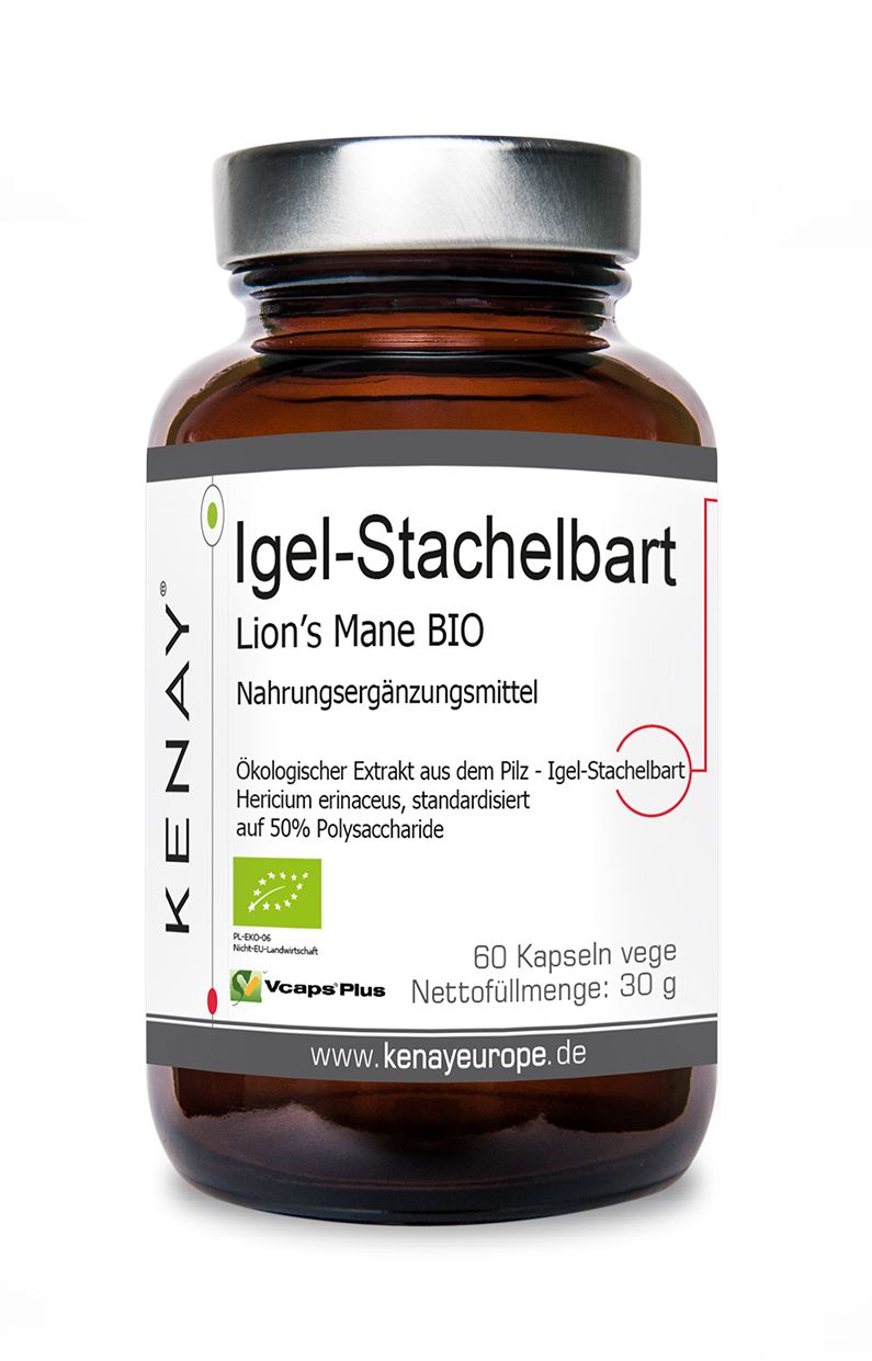 Braune Glasflasche mit Etikett. Aufschrift: Igel-Stachelbart Lion's Mane BIO, KENAY. 60 Kapseln, 30g. Bio-Siegel.