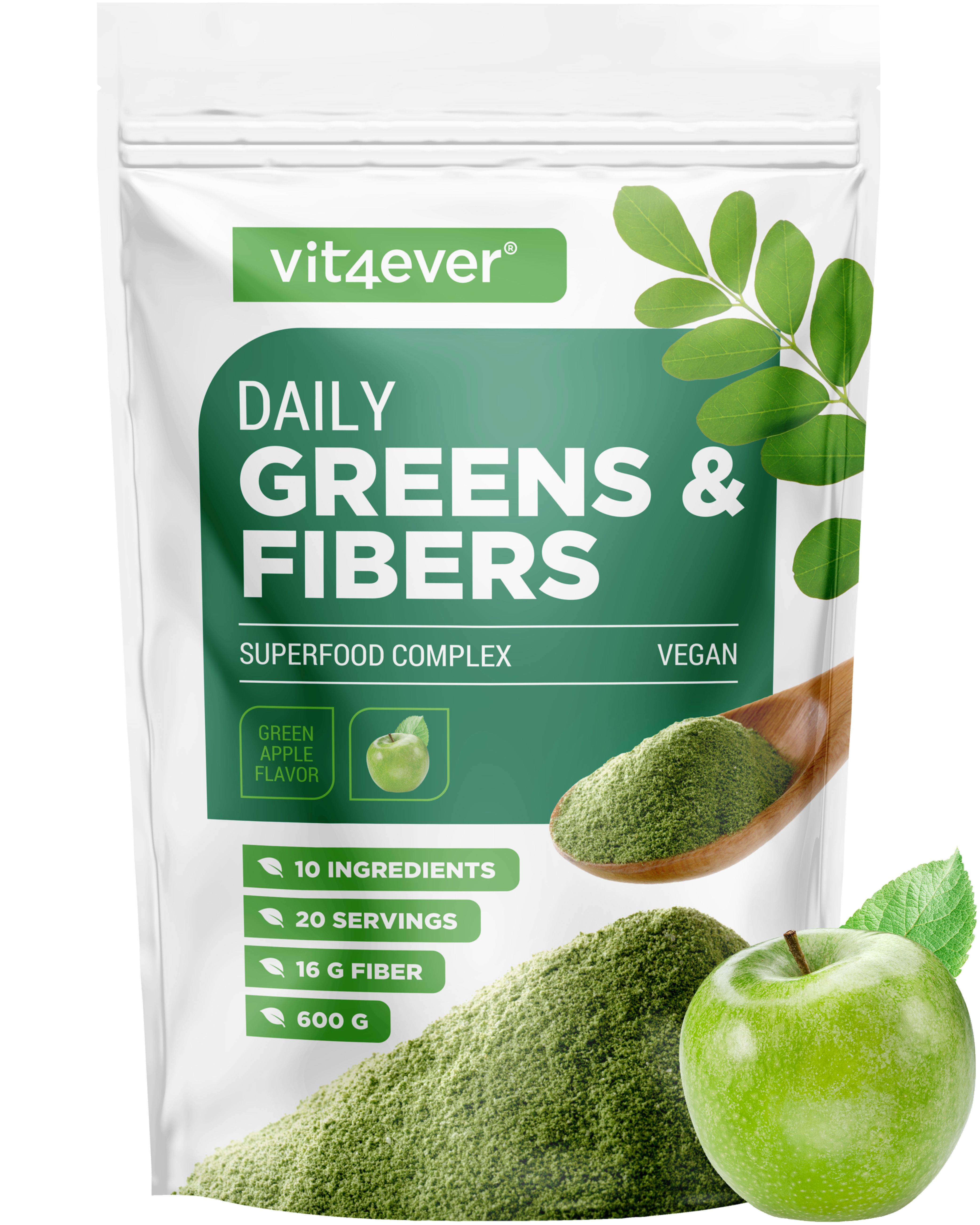 Beutel mit "vit4ever Daily Greens & Fibers". Grünes Pulver, Apfel und Holzlöffel. Text: "Daily Greens & Fibers", "Superfood Complex", "Vegan".