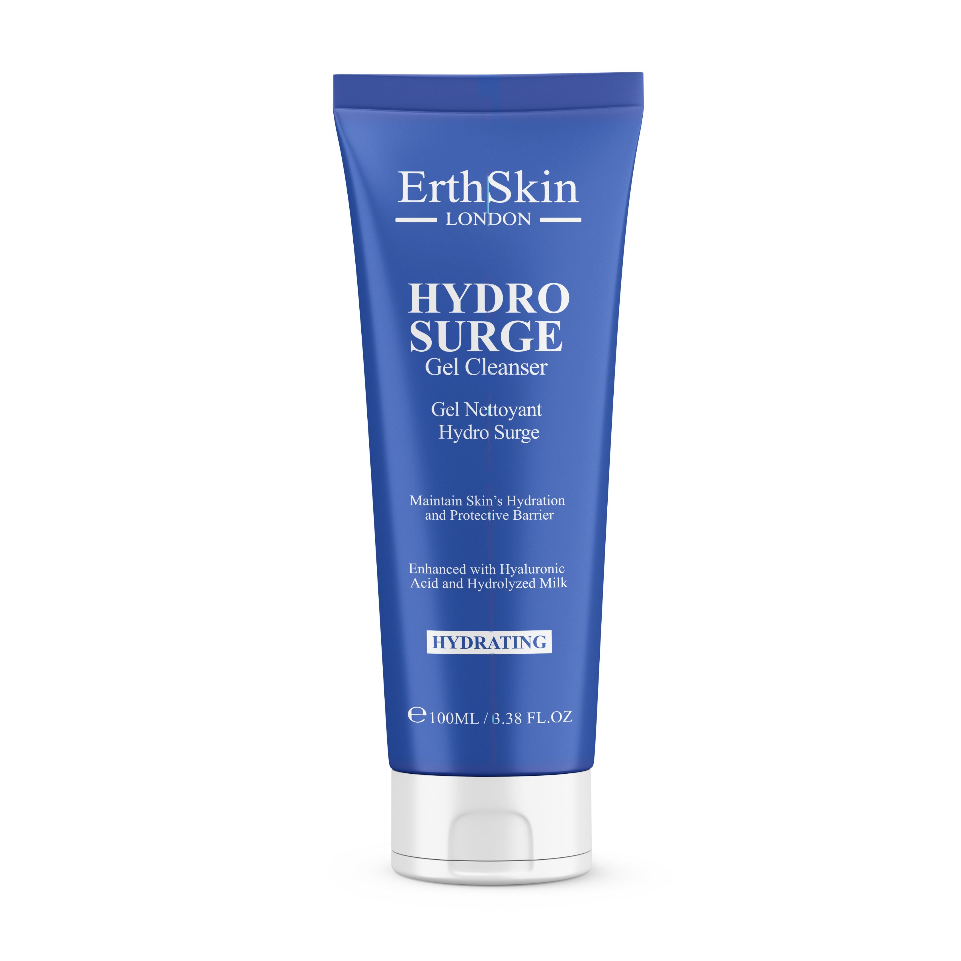 Blaue Tube mit weißem Verschluss. Aufschrift: ErthSkin London, HYDROSURGE Gel Cleanser. Text: Hydrating, 100ml/3.38 fl.oz.
