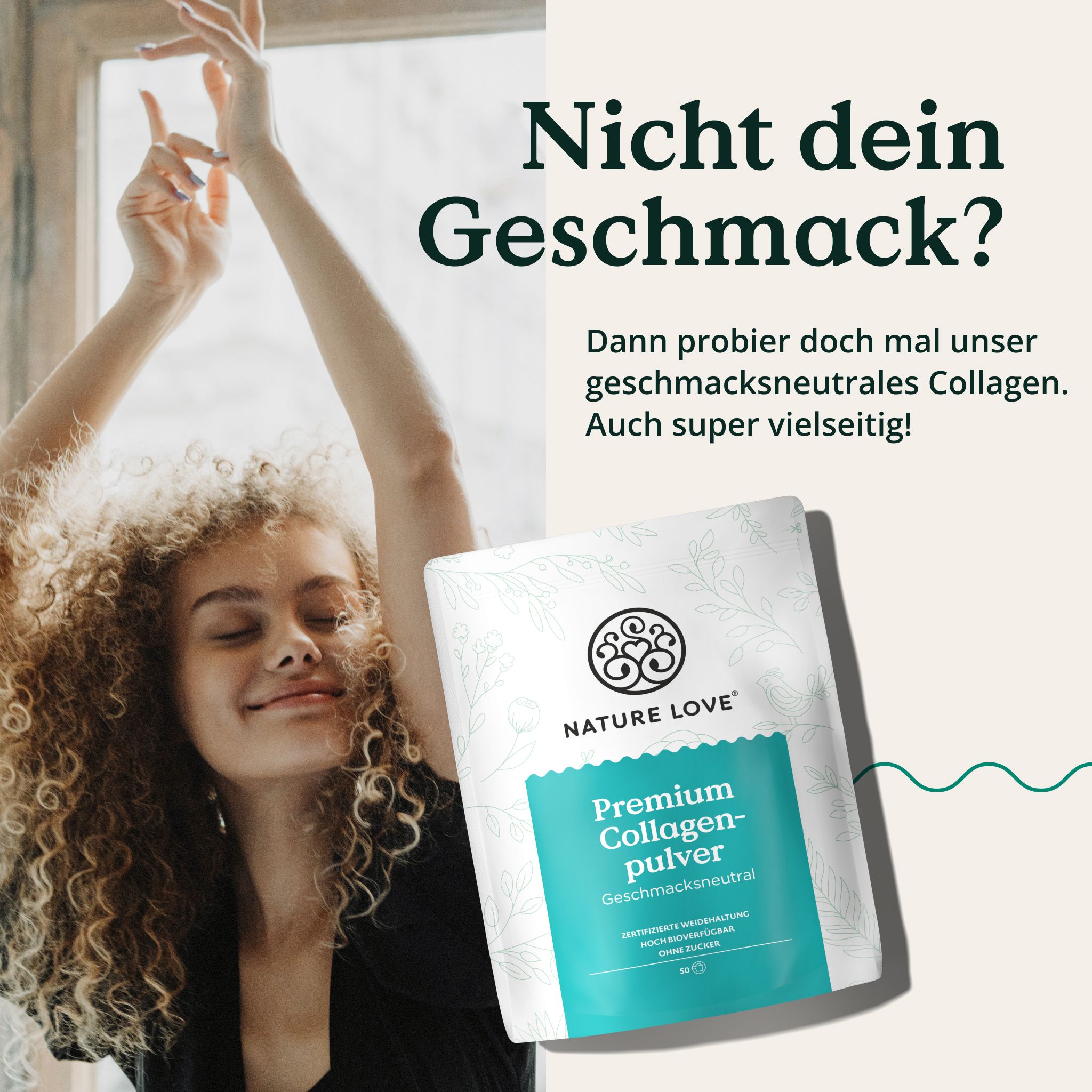 Frau mit NATURE LOVE® Collagenpulver Geschmacksneutral. Produktverpackung im Hintergrund.