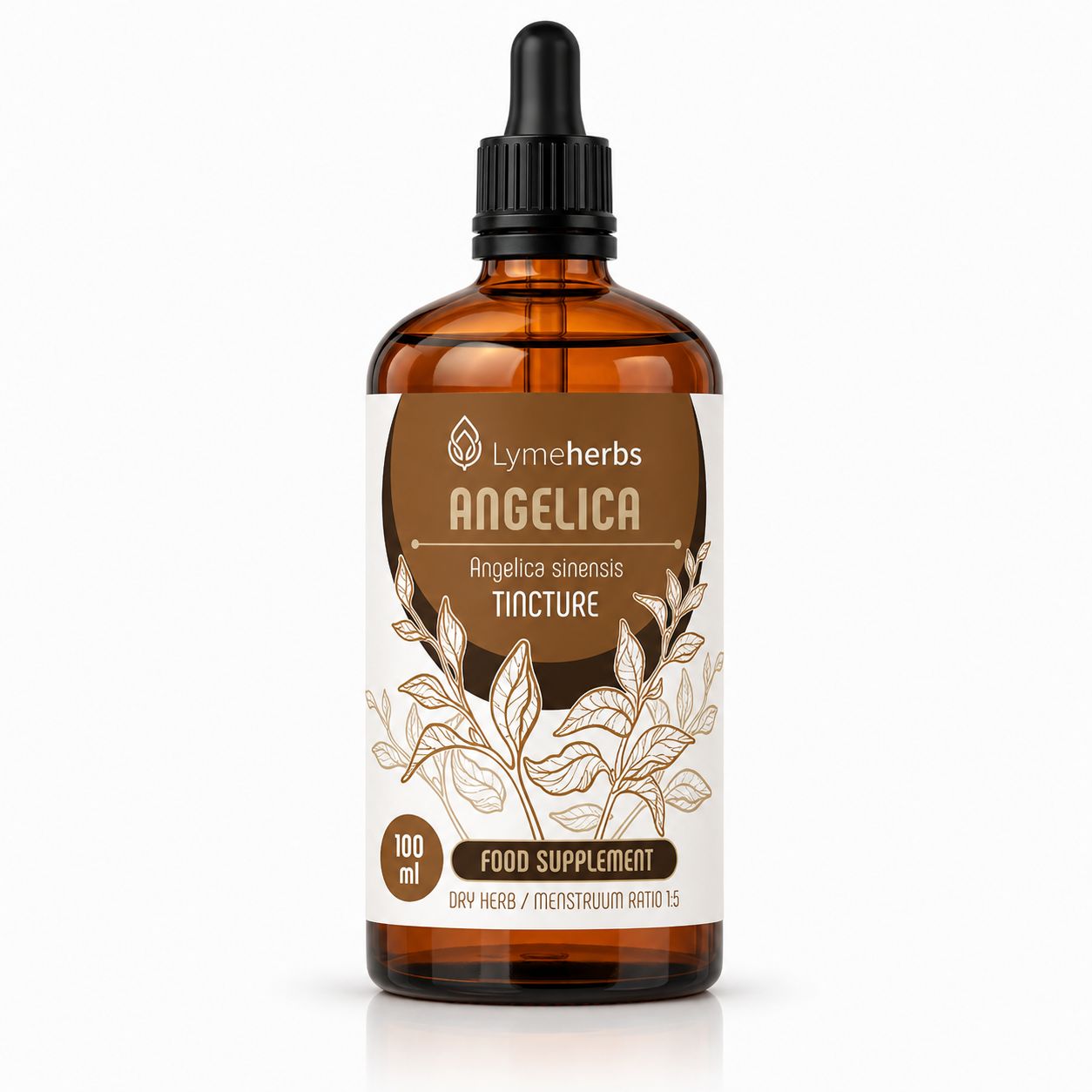 Braune Glasflasche mit Tropferverschluss. Etikett mit "Angelica Tincture" und Pflanzenabbildung.