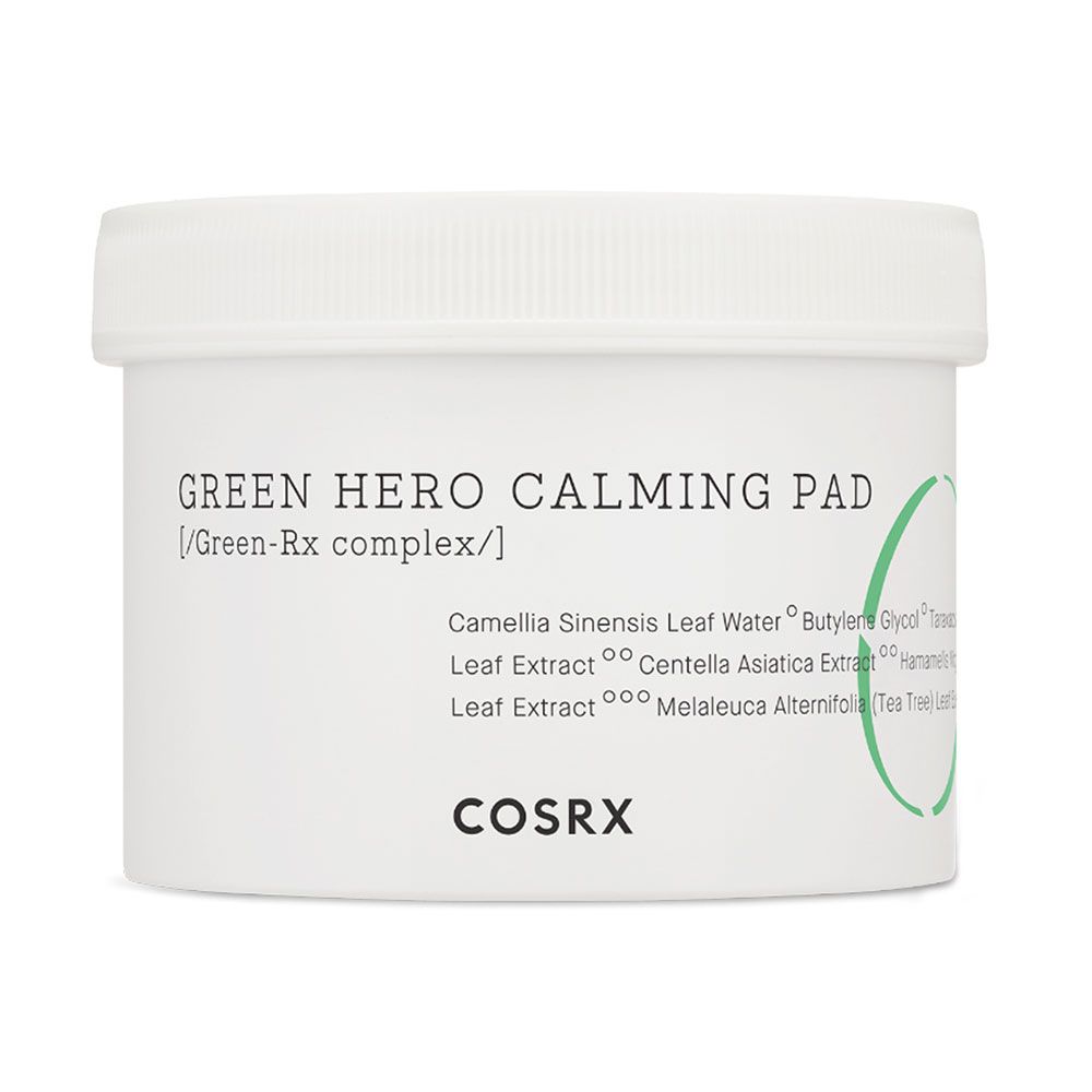 COSRX Green Hero Calming Pad: Weißer Tiegel mit grünen Akzenten und Produktinformationen.