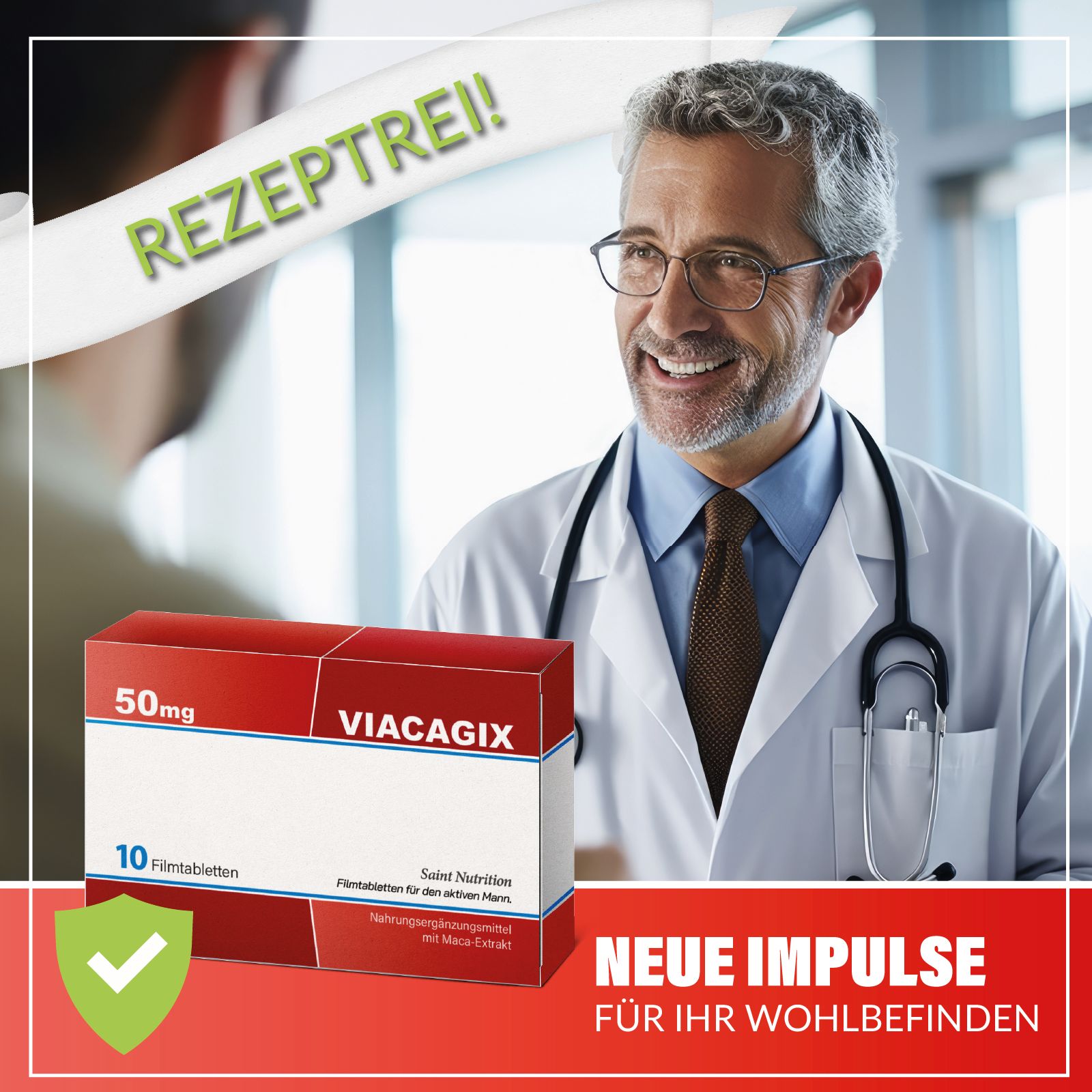 Arzt mit Stethoskop und Patient. Im Hintergrund die Produktverpackung mit "VIACAGIX"-Schriftzug.