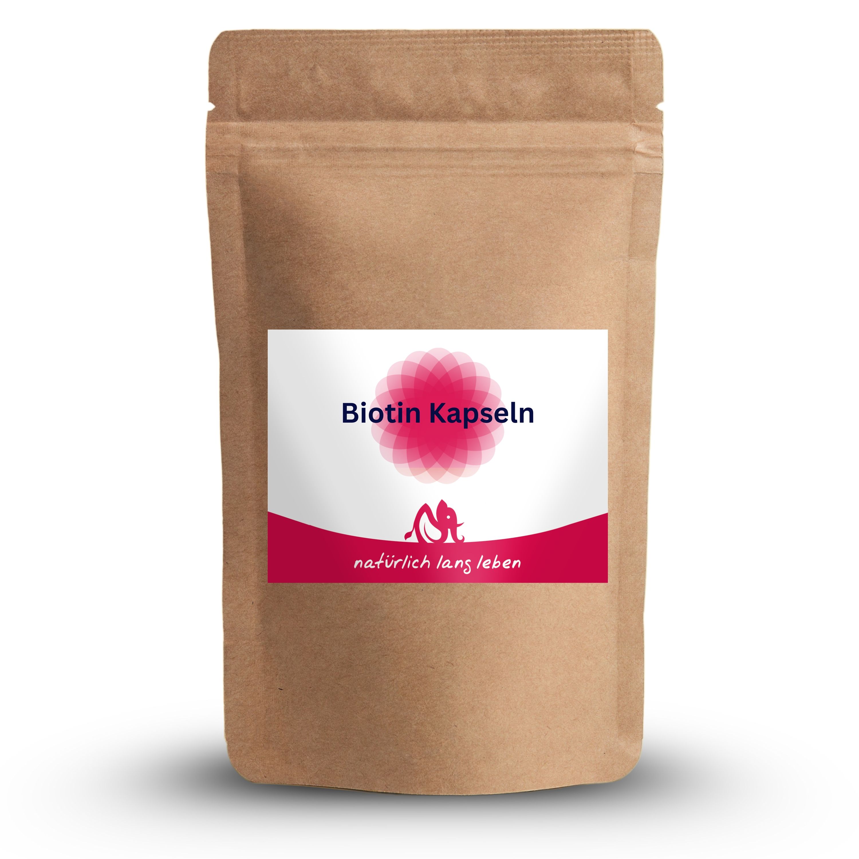 Braune Tüte mit Etikett. Auf dem Etikett steht "Biotin Kapseln" und "natürlich lang leben".