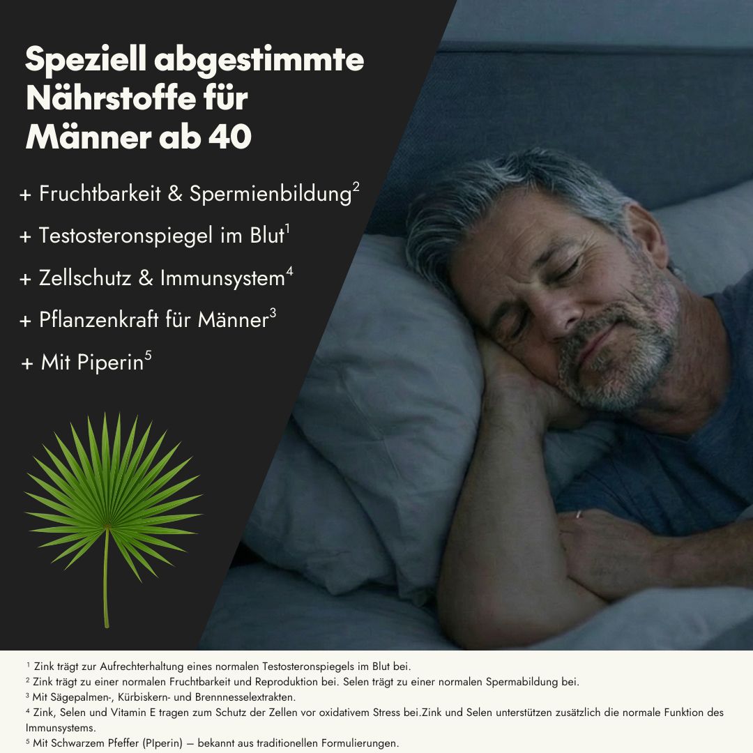 Mann schläft. Text: Speziell abgestimmte Nährstoffe für Männer ab 40. Fruchtbarkeit & Spermienbildung. Palmblatt.