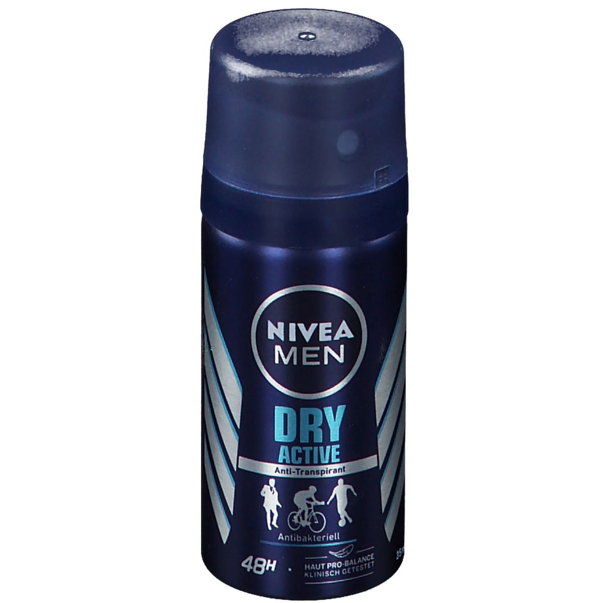 Blau-silberne Sprühdose NIVEA MEN Dry Active. Deckel, Schriftzug, Piktogramme, 48h. Antibakteriell.