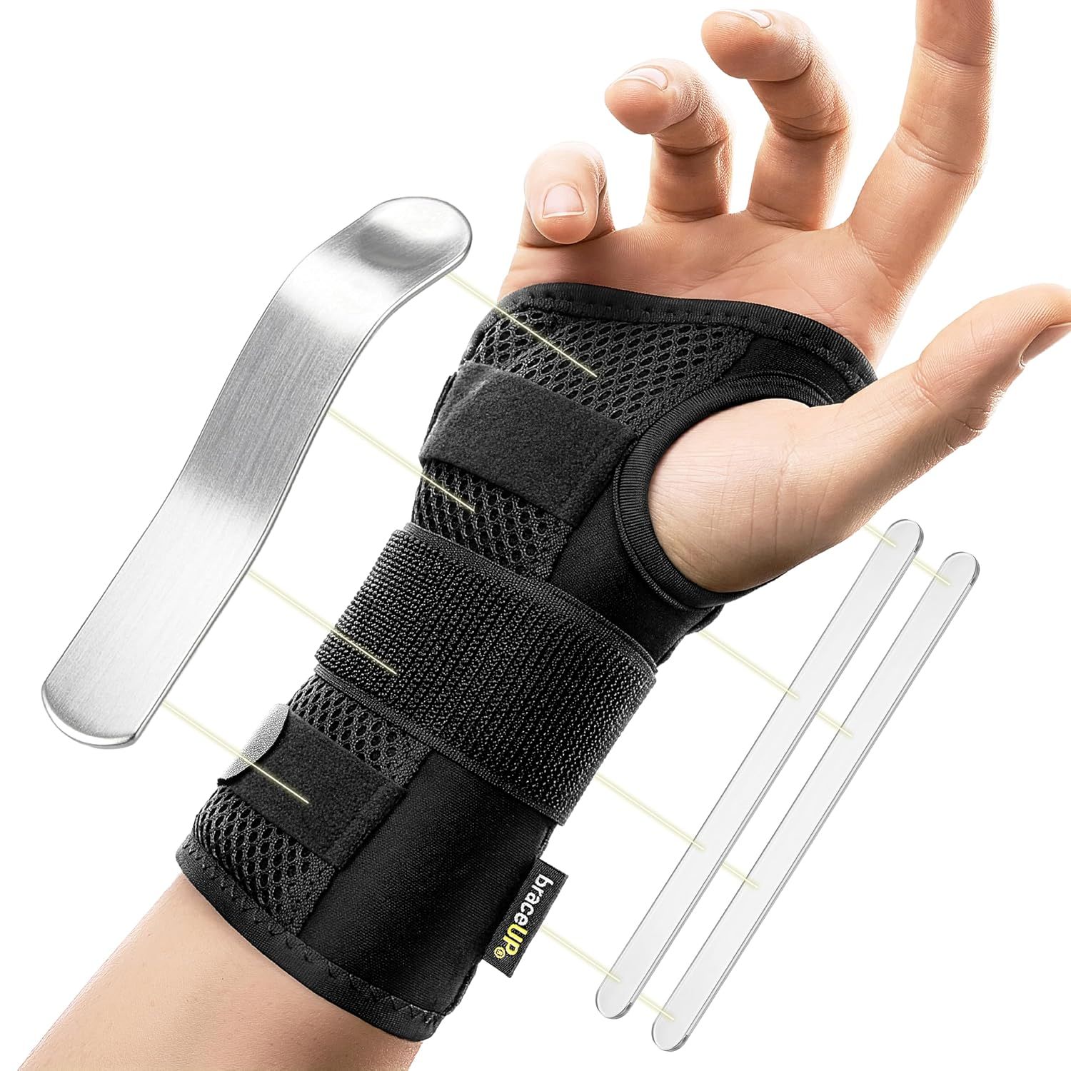 Handgelenkbandage mit Daumenöffnung und Klettverschlüssen für volle Fingerbeweglichkeit.