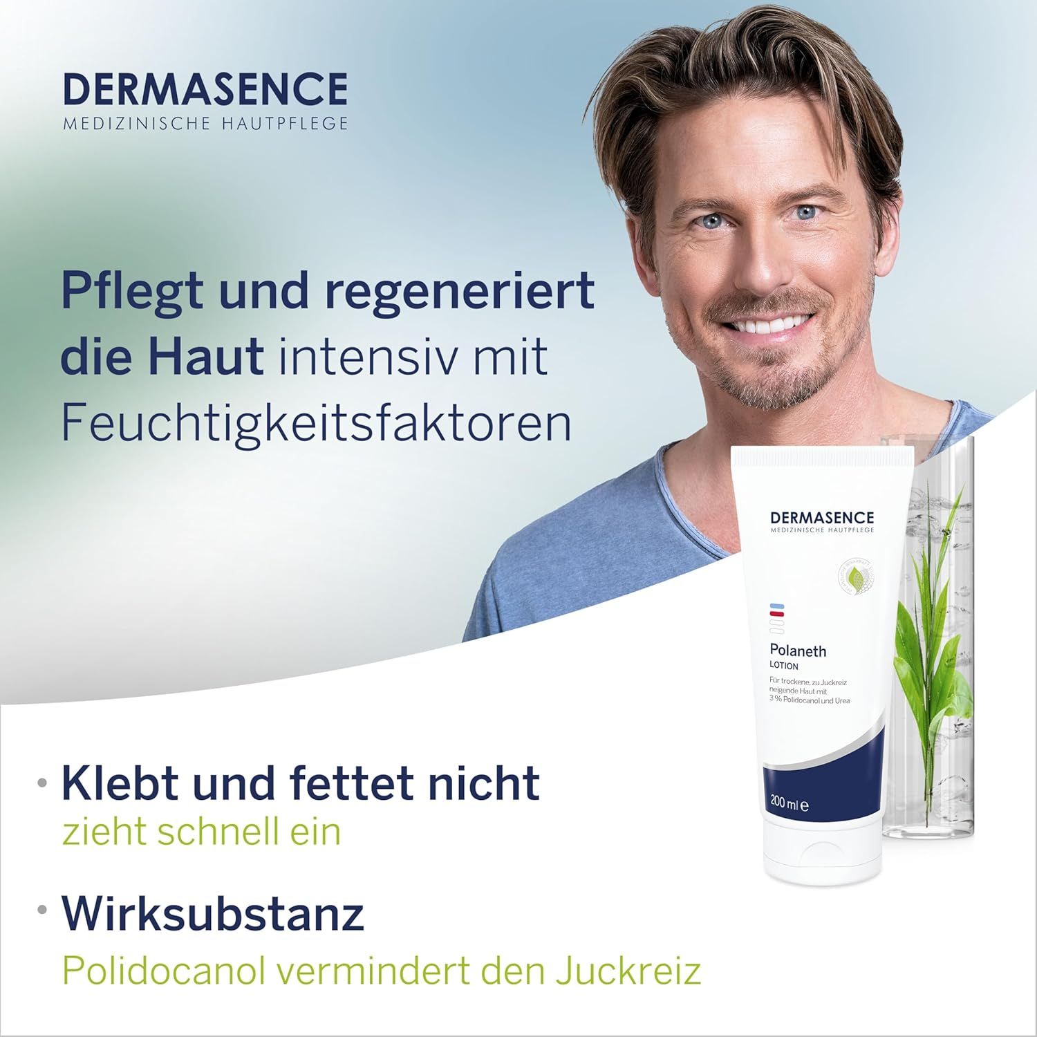 Mann mit DERMASENCE Polaneth Lotion. Text: Pflegt und regeneriert die Haut intensiv. Logo, Text: Medizinische Hautpflege. 200 ml.
