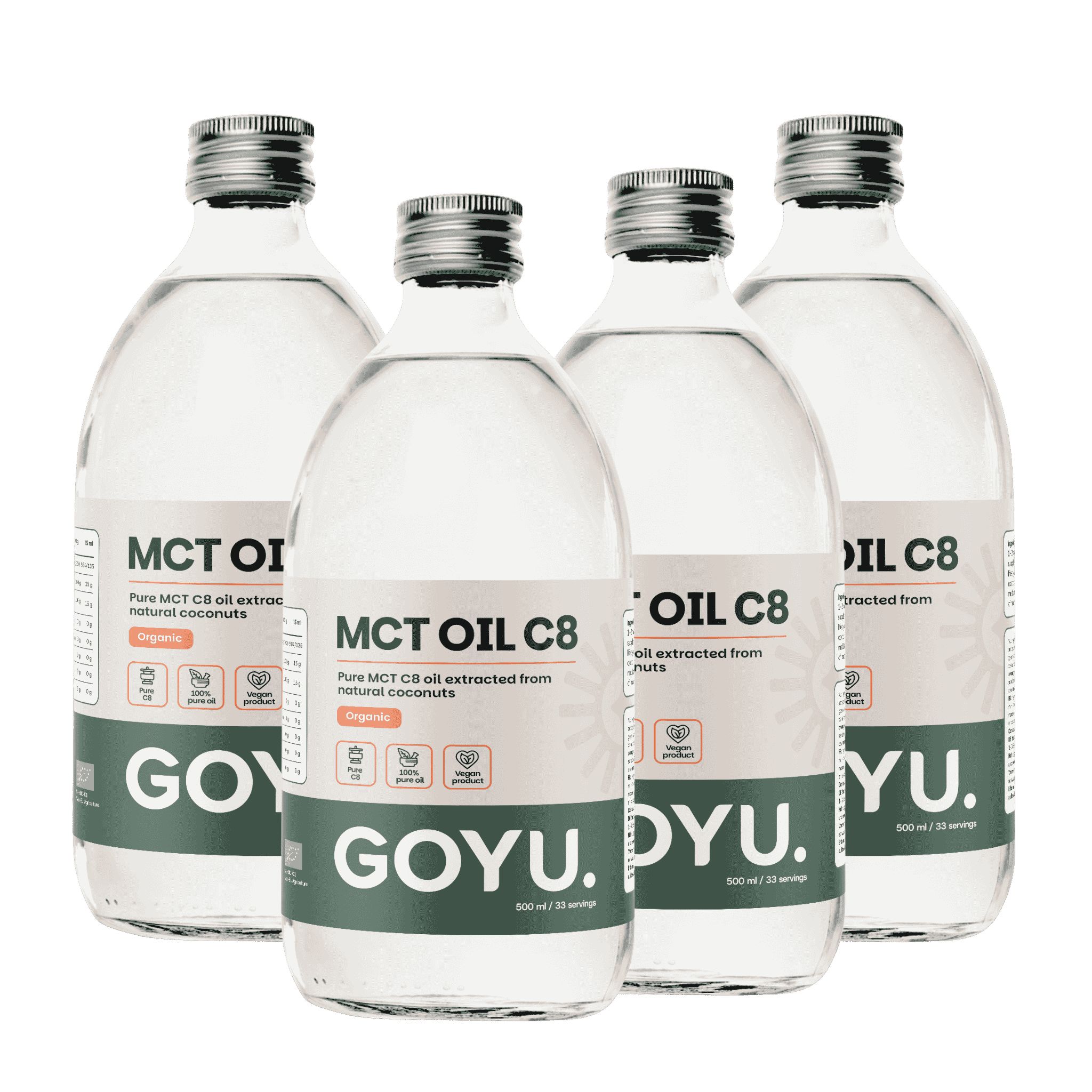 Vier Flaschen GOYU MCT Öl C8, reines C8-Öl aus Kokosnüssen, 500 ml pro Flasche.
