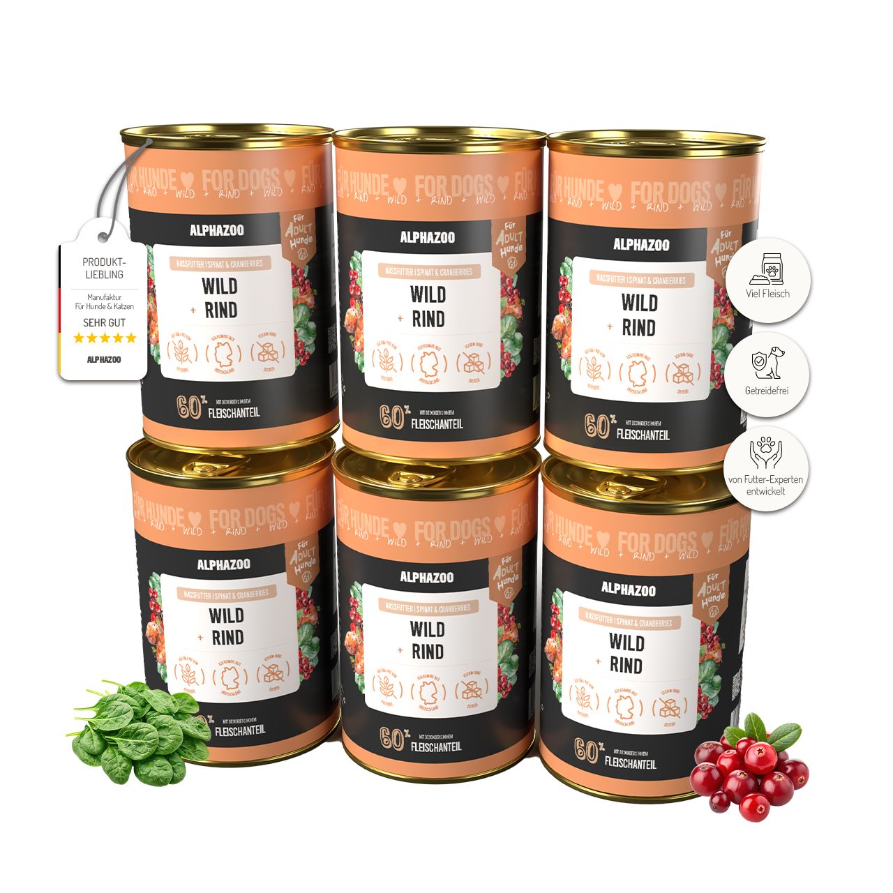 Sechs Dosen Nassfutter "ALPHAZOO Wild + Rind". Aufschrift: 80% Fleischanteil. Mit Cranberries und Spinat.